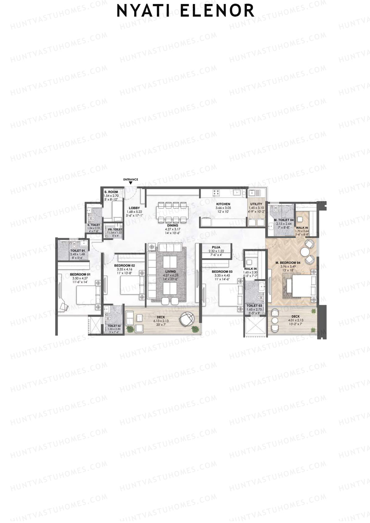 Nyati Elenor, Tower B, Unit 3, 4BHK, Carpet Area 2325   sq ft 