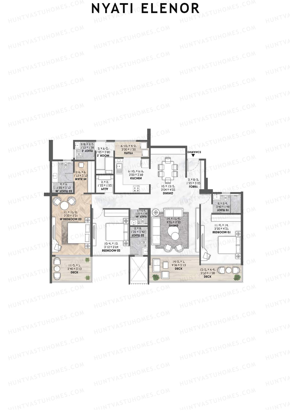 Nyati Elenor, Tower B, Unit 4, 3BHK, Carpet Area 1798   sq ft 