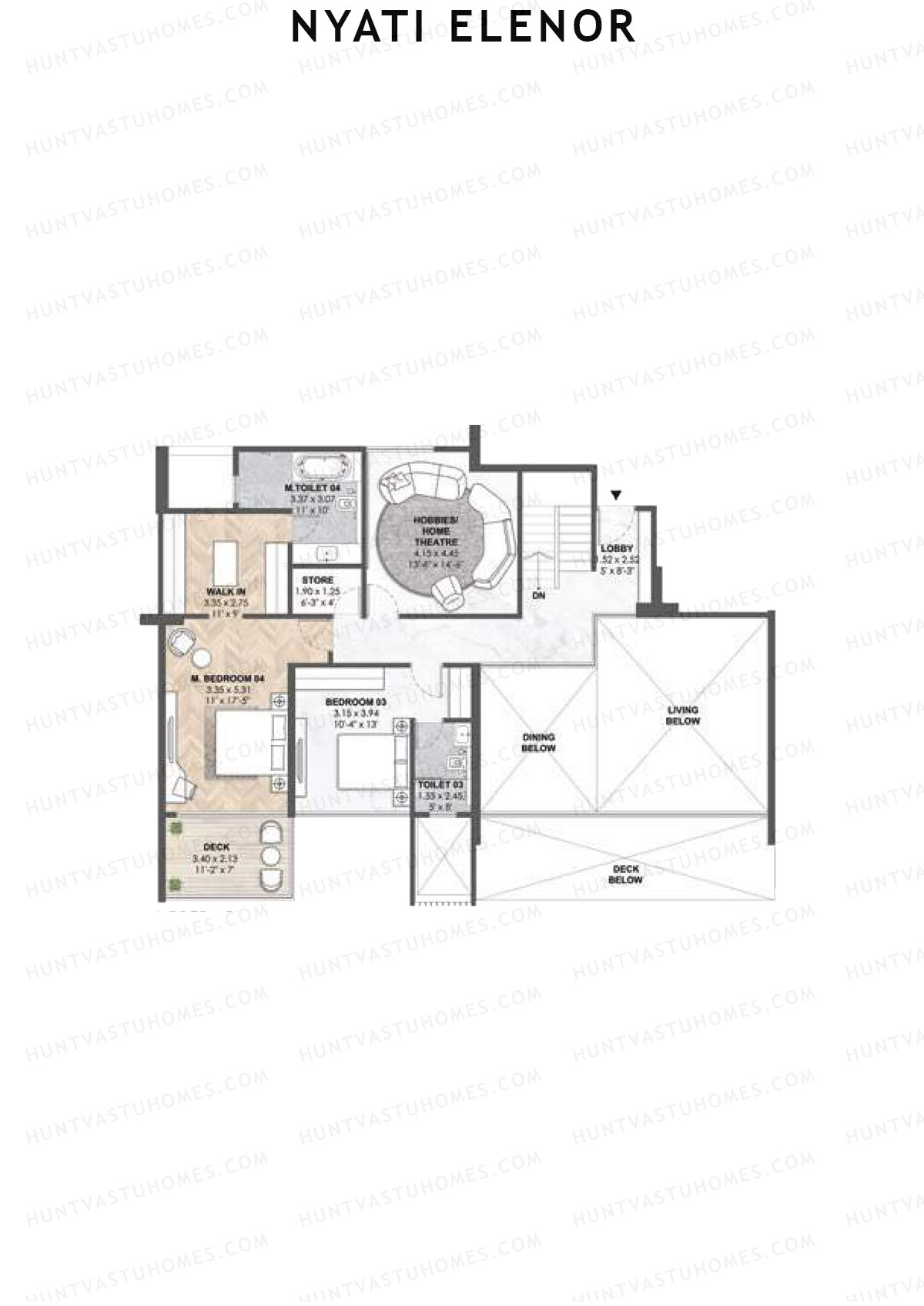 Nyati Elenor, Tower B, Unit 4 (Type DU), 4BHK, Carpet Area 2980   sq ft 