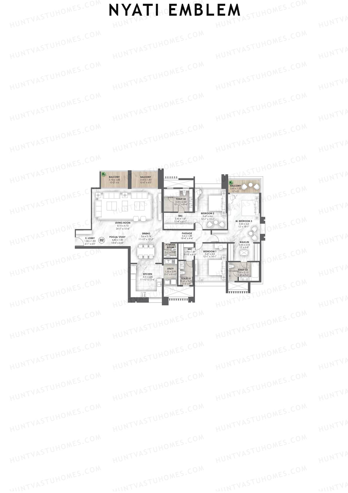 Nyati Emblem, Tower F, Unit 2, 3BHK, Carpet Area 2294   sq ft 