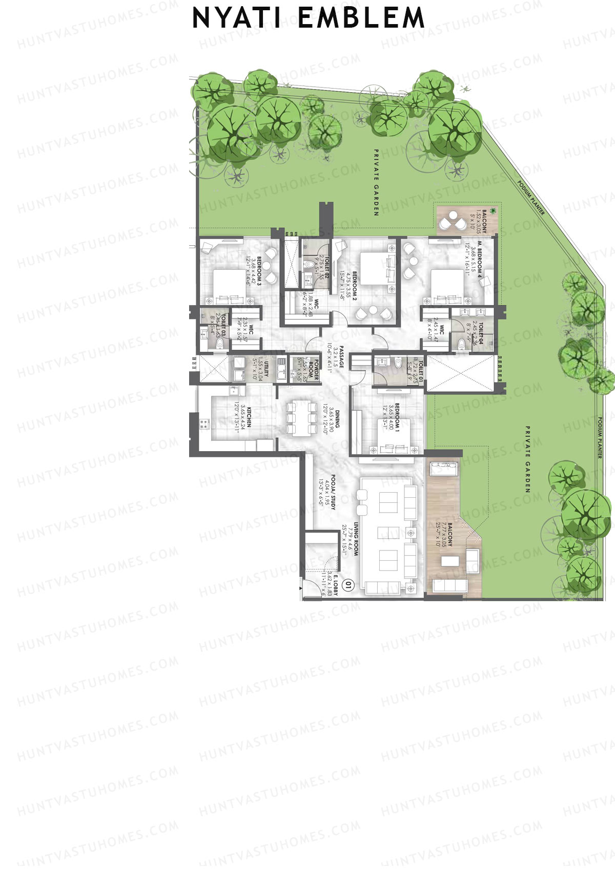 Nyati Emblem, Tower G, Unit 1, 4BHK, Carpet Area 2629   sq ft 