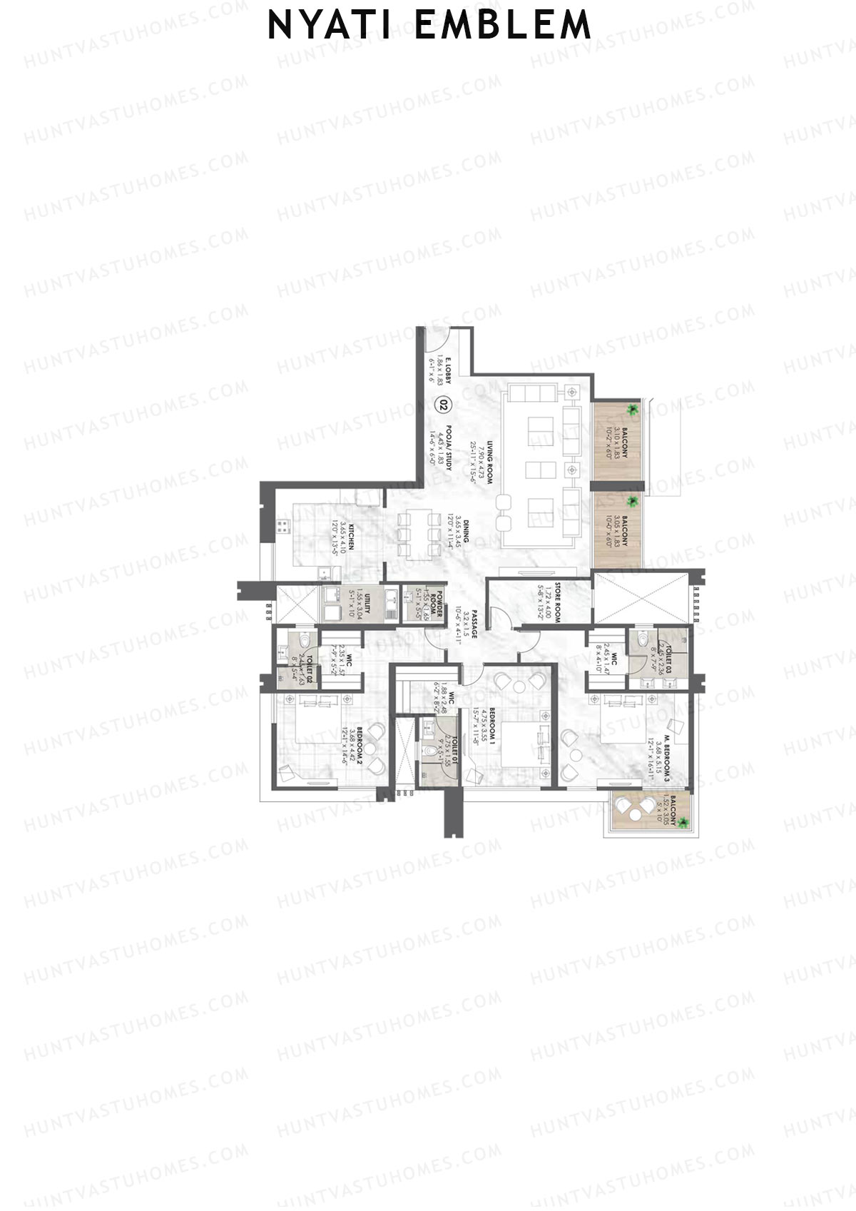 Nyati Emblem, Tower G, Unit 2, 3BHK, Carpet Area 2286   sq ft 