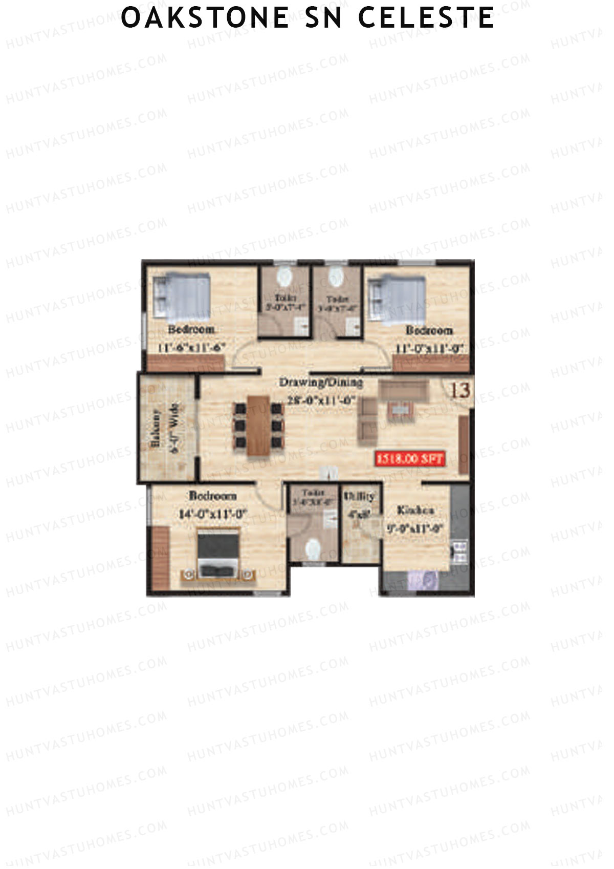 Oakstone Sn Celeste, Block A, Unit 13, 3BHK, Super Area 1518   sq ft 