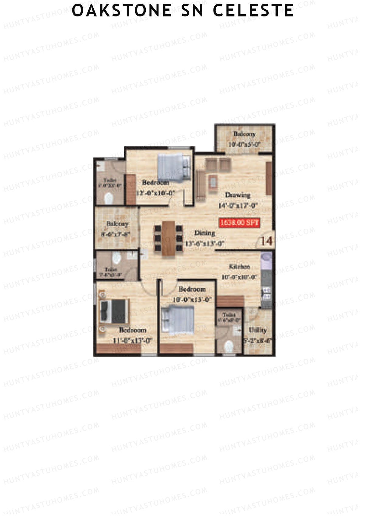 Oakstone Sn Celeste, Block A, Unit 14, 3BHK, Super Area 1638   sq ft 