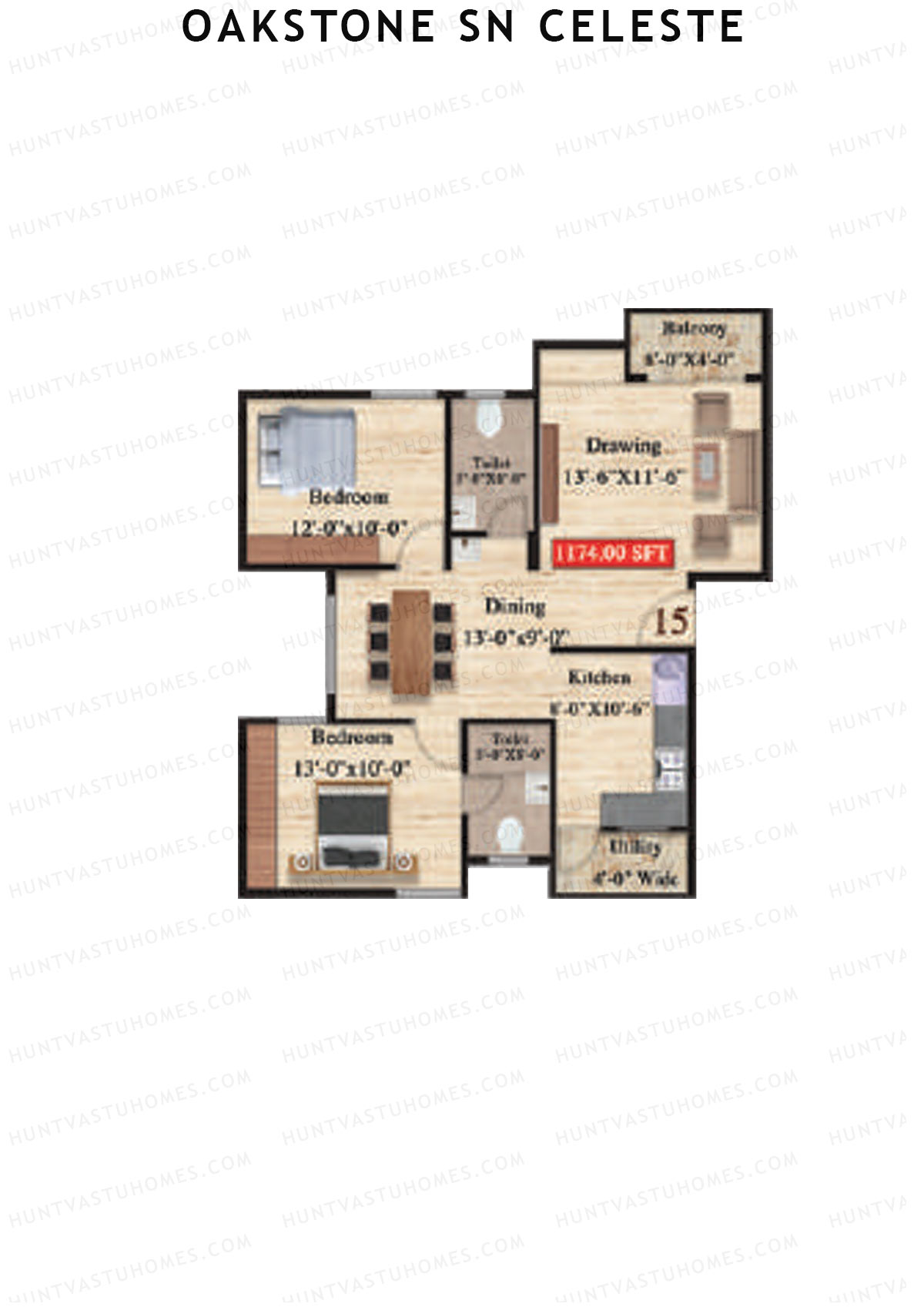 Oakstone Sn Celeste, Block A, Unit 15, 2BHK, Super Area 1174   sq ft 