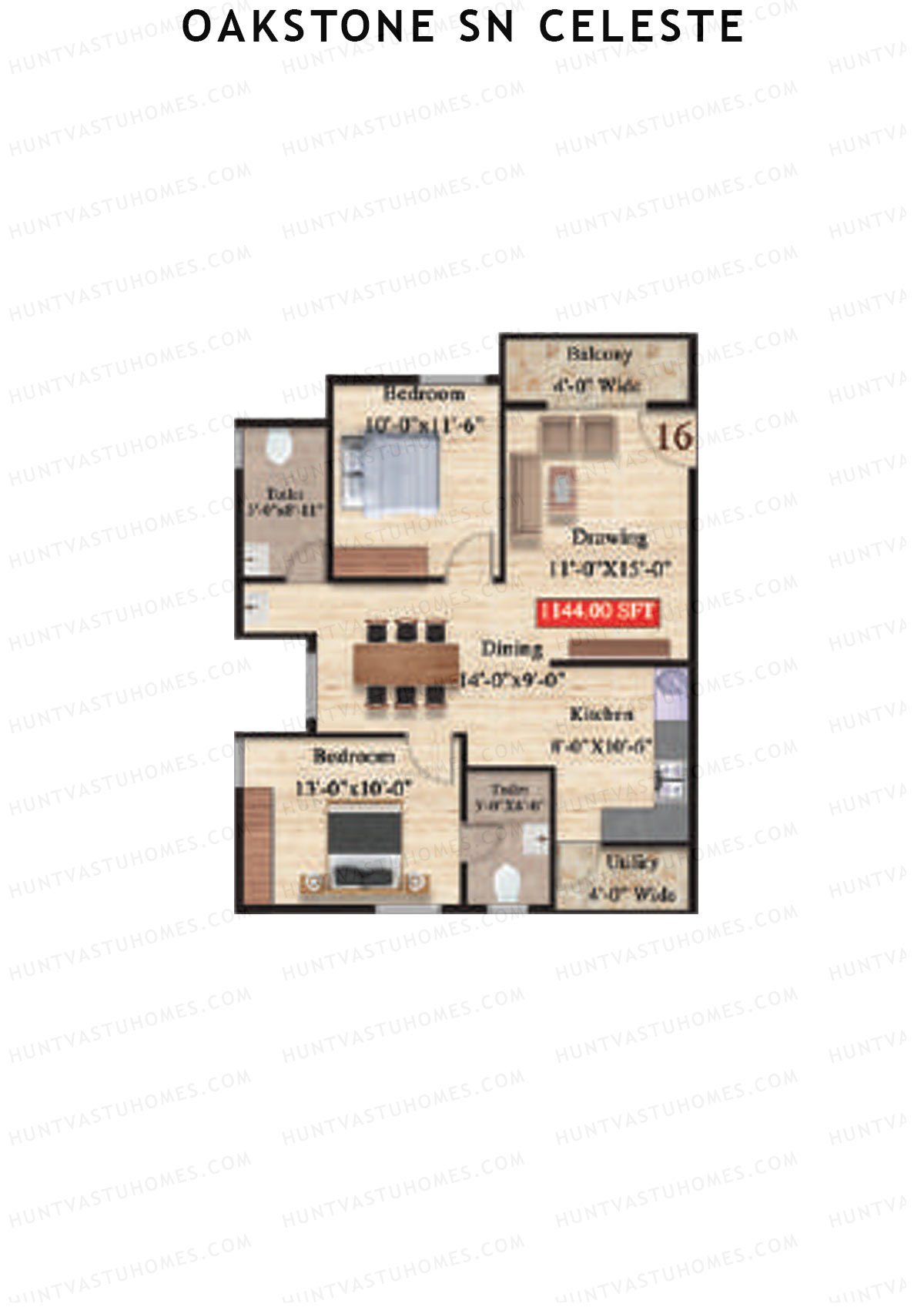 Oakstone Sn Celeste, Block A, Unit 16, 2BHK, Super Area 1144   sq ft 