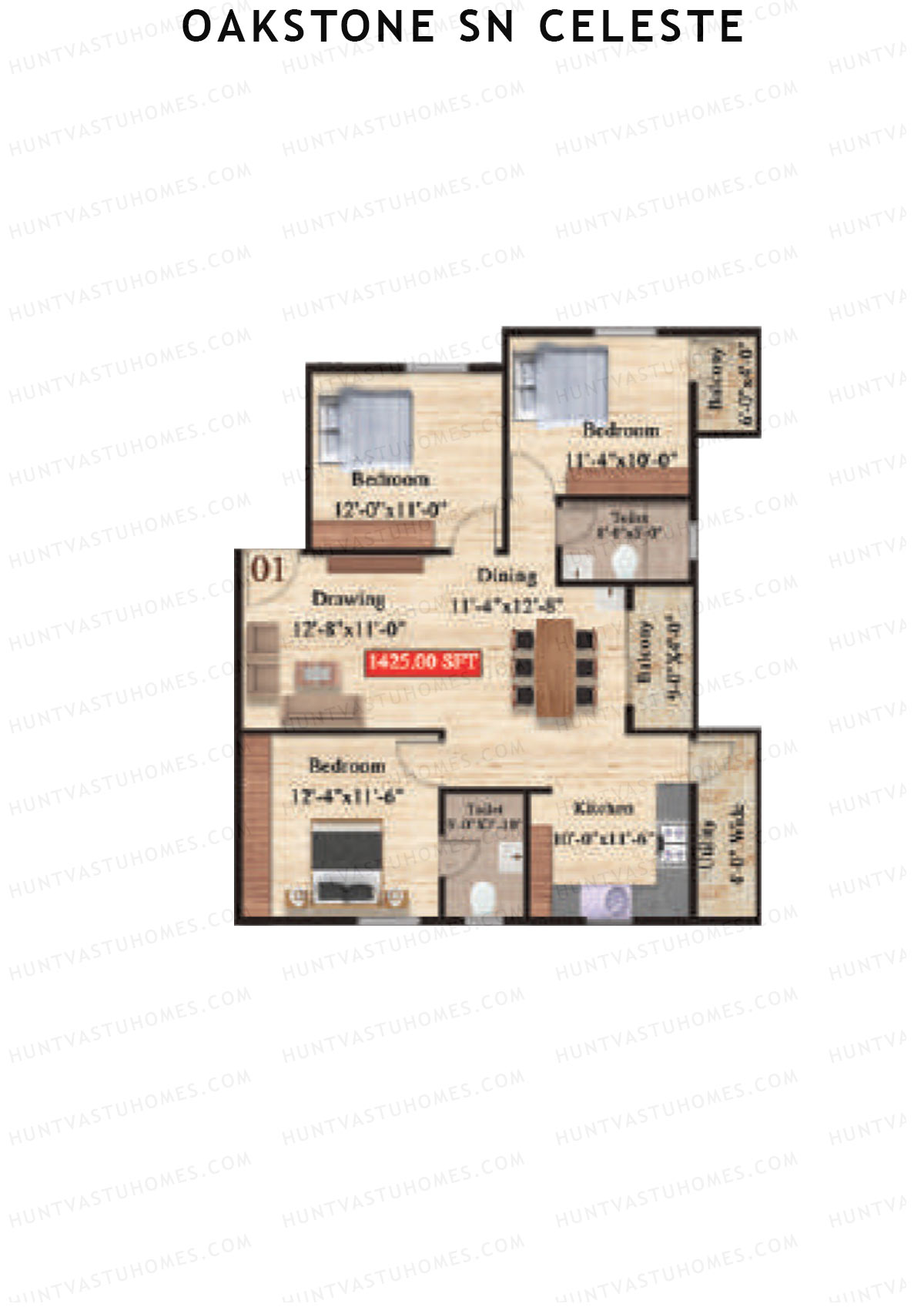Oakstone Sn Celeste, Block A, Unit 1, 3BHK, Super Area 1425   sq ft 