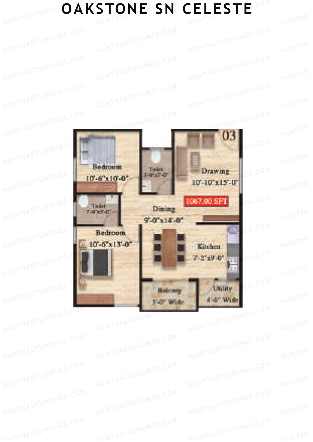Oakstone Sn Celeste, Block A, Unit 3, 2BHK, Super Area 1067   sq ft 