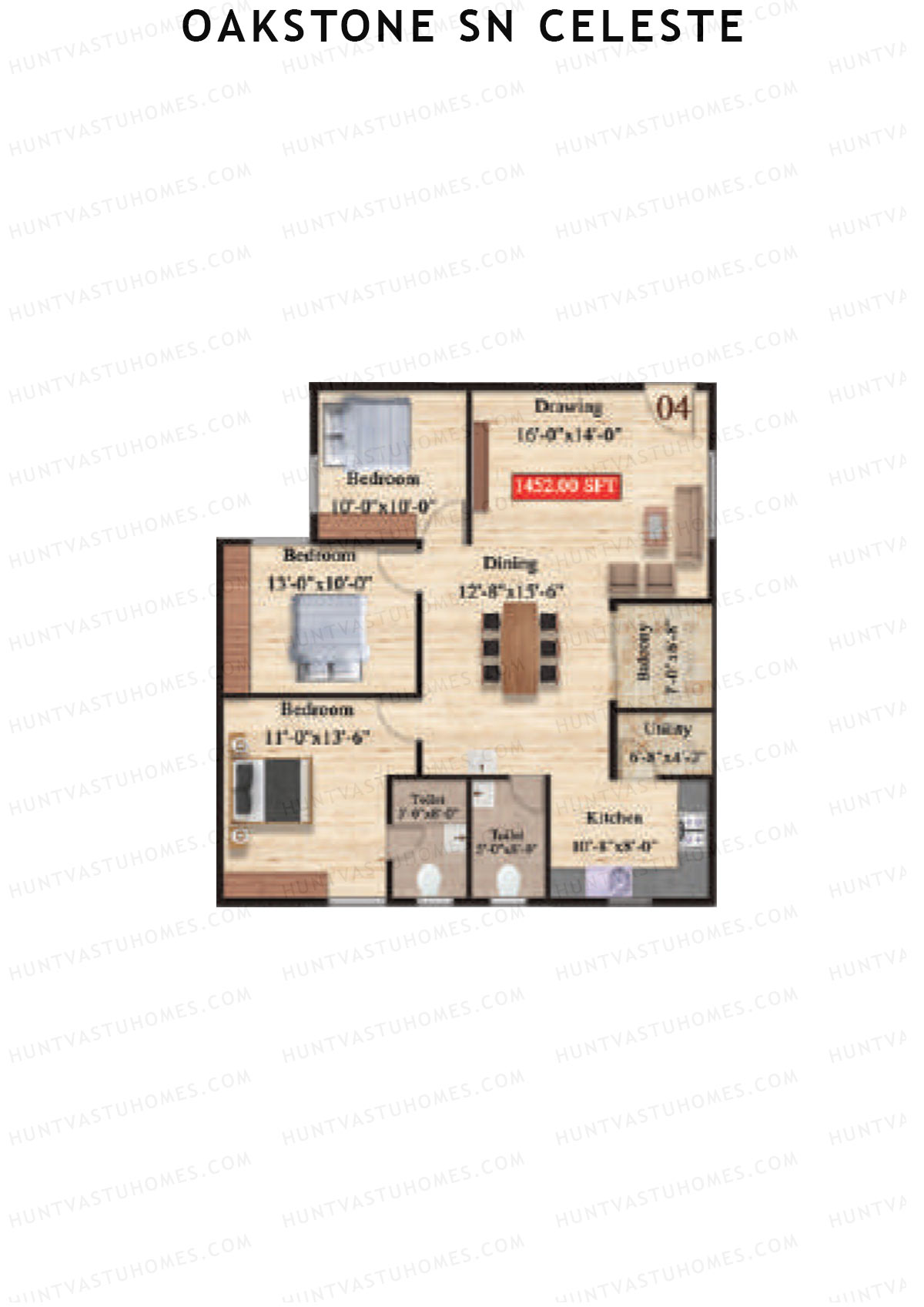 Oakstone Sn Celeste, Block A, Unit 4, 3BHK, Super Area 1452   sq ft 