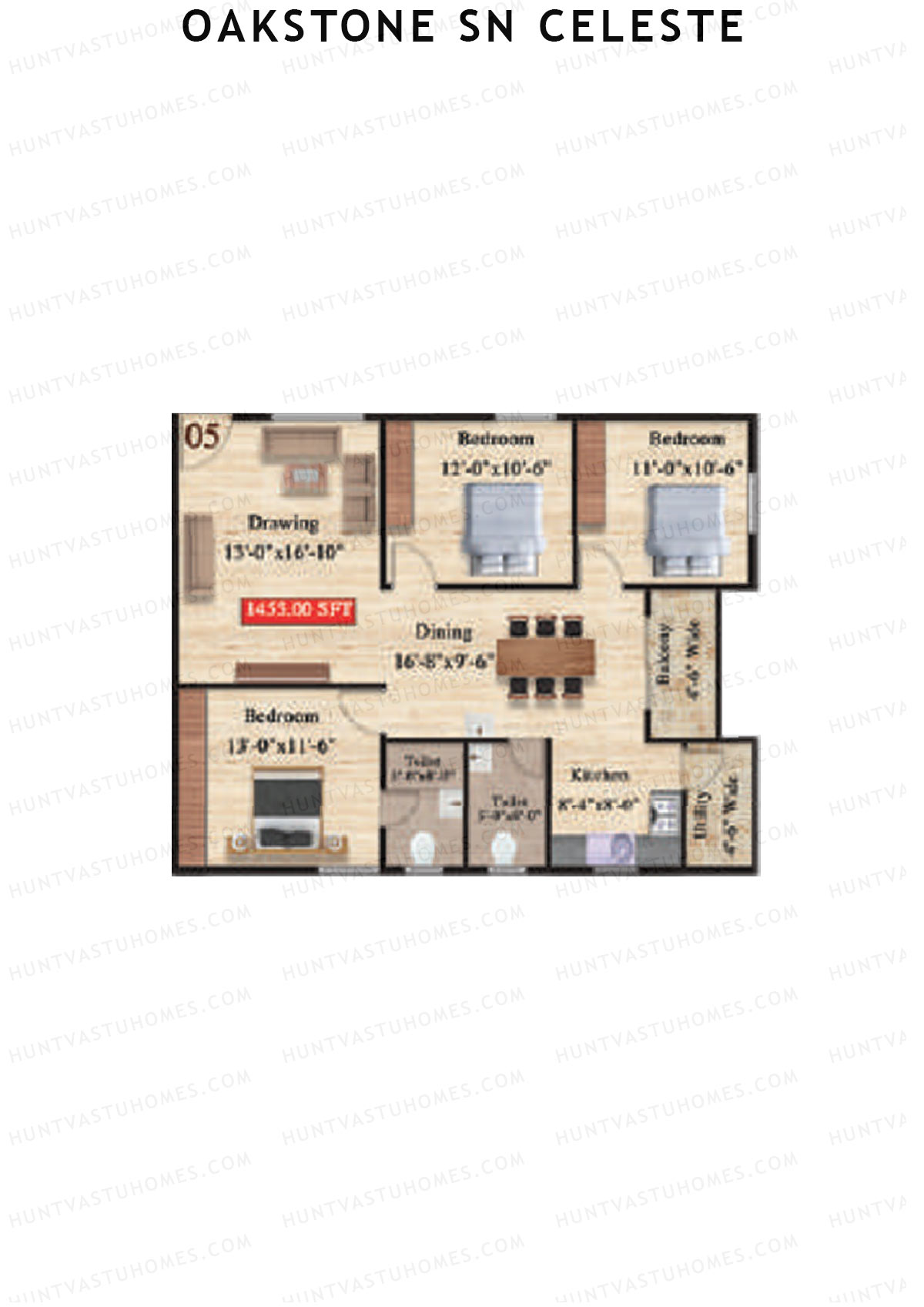 Oakstone Sn Celeste, Block A, Unit 5, 3BHK, Super Area 1455   sq ft 