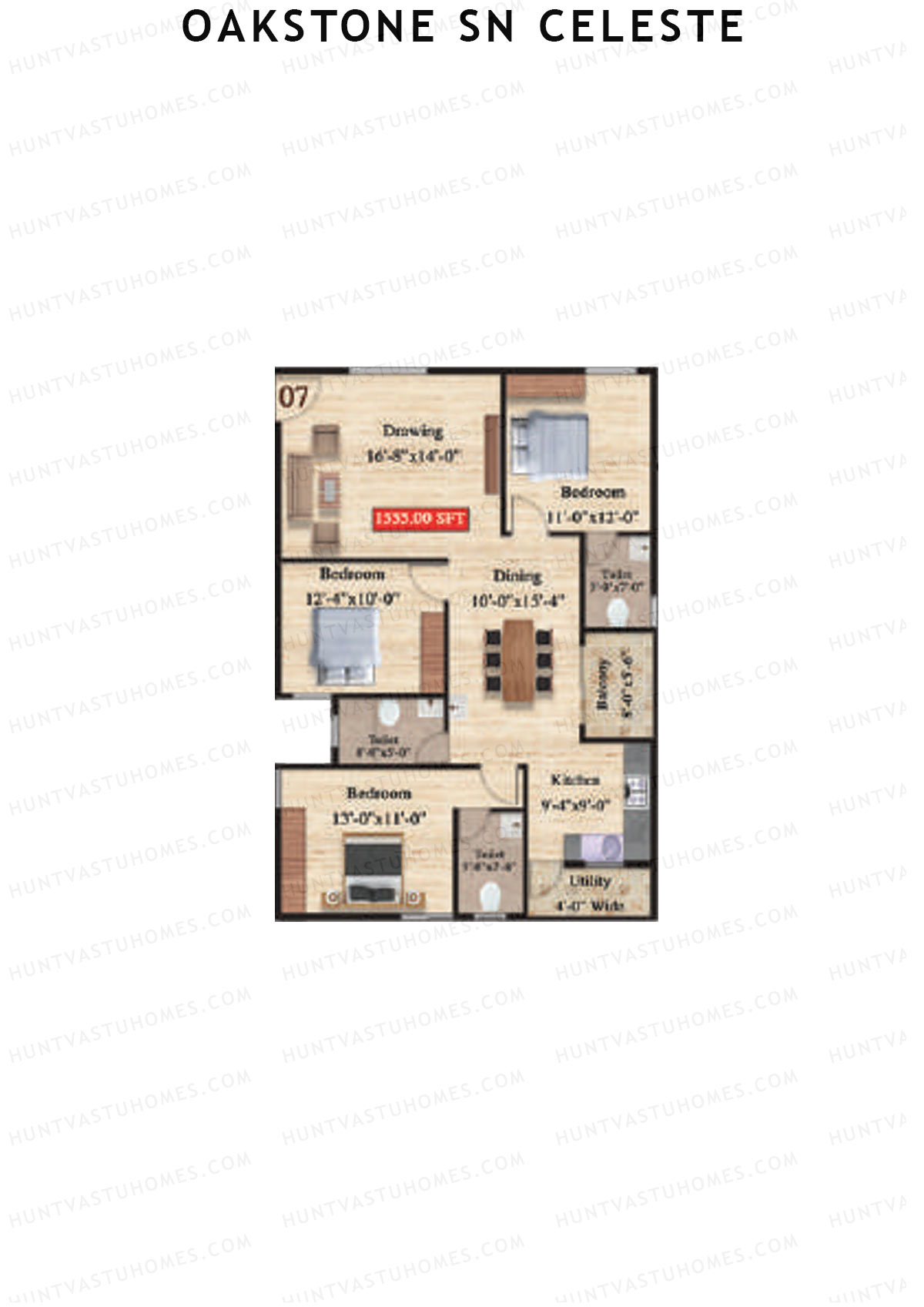 Oakstone Sn Celeste, Block A, Unit 7, 3BHK, Super Area 1555   sq ft 