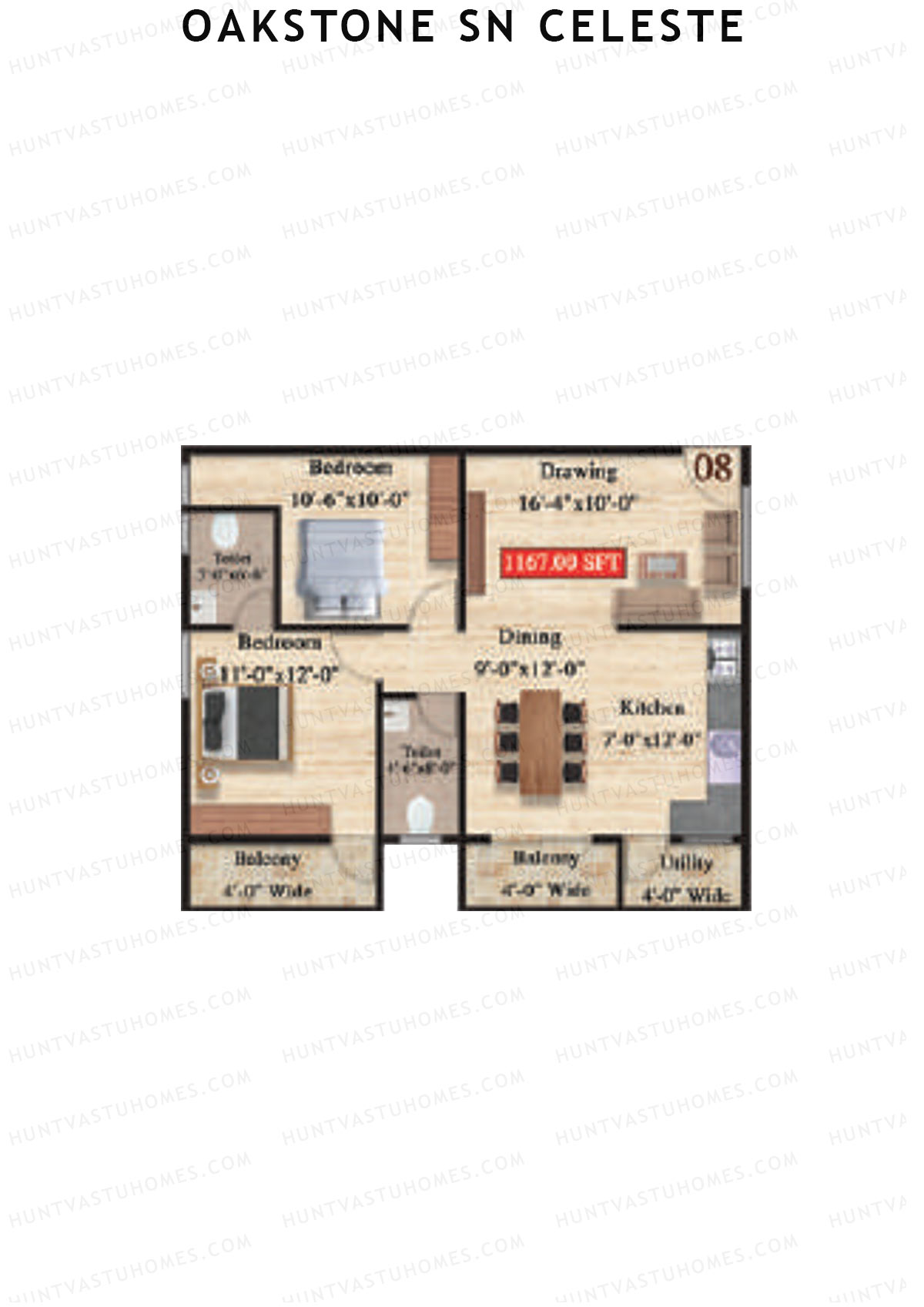 Oakstone Sn Celeste, Block A, Unit 8, 2BHK, Super Area 1167   sq ft 