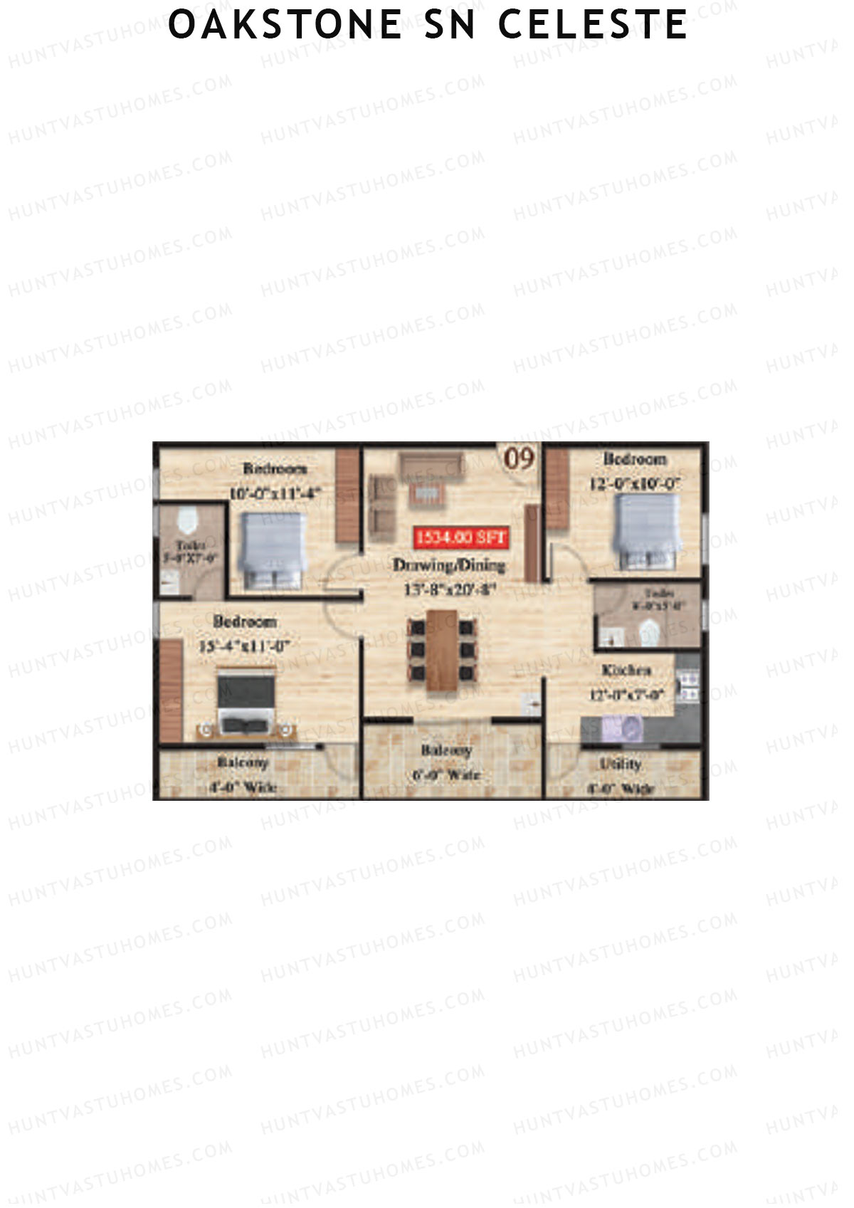 Oakstone Sn Celeste, Block A, Unit 9, 3BHK, Super Area 1534   sq ft 