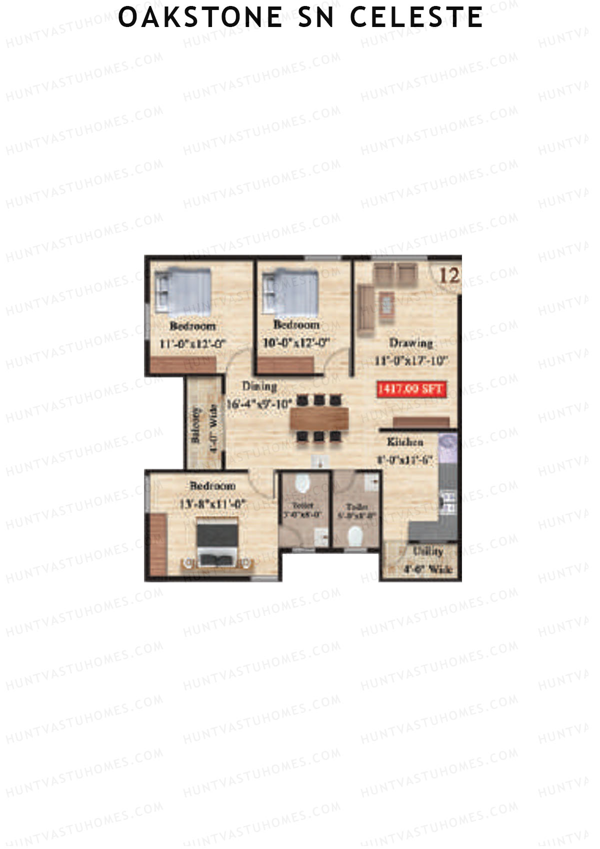 Oakstone Sn Celeste, Block B, Unit 12, 3BHK, Super Area 1417   sq ft 