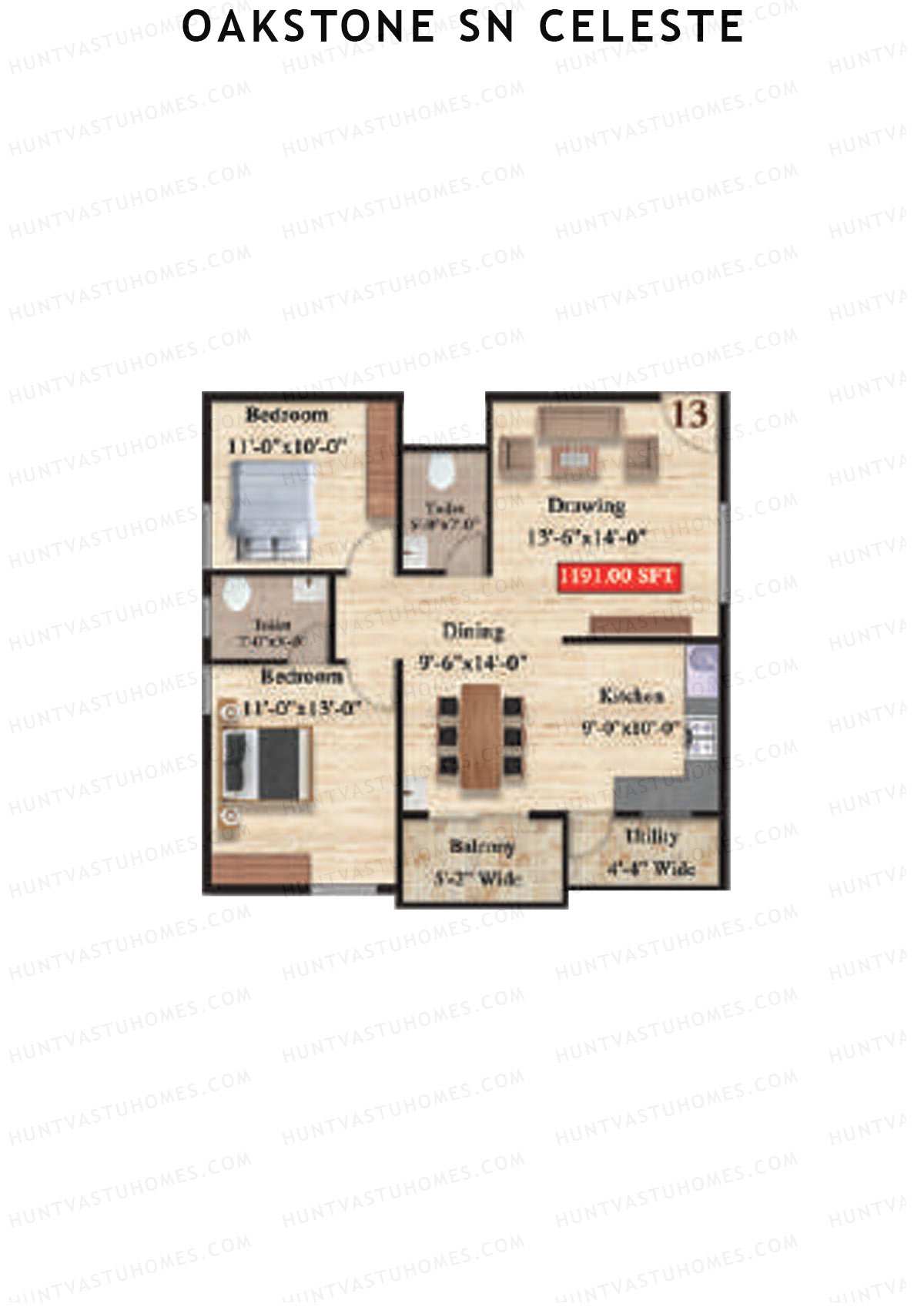 Oakstone Sn Celeste, Block B, Unit 13, 2BHK, Super Area 1191   sq ft 