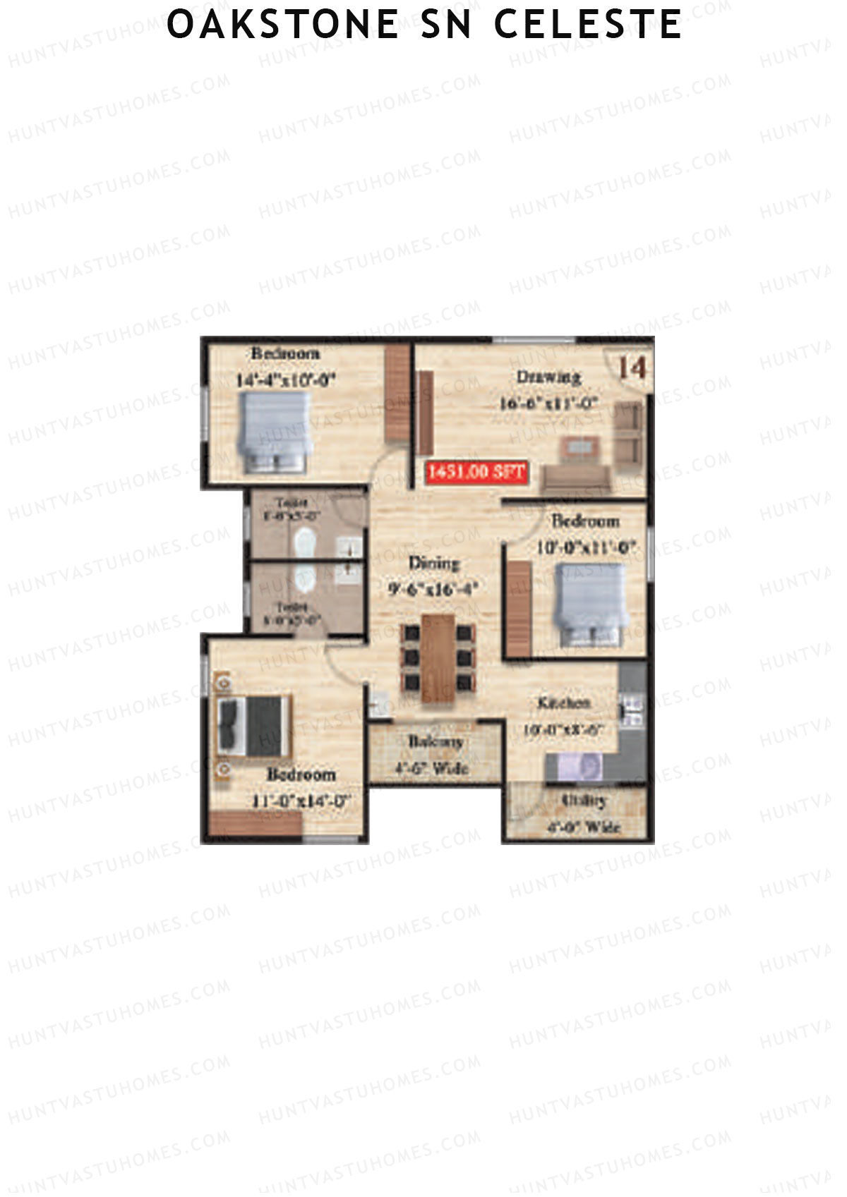 Oakstone Sn Celeste, Block B, Unit 14, 3BHK, Super Area 1451   sq ft 