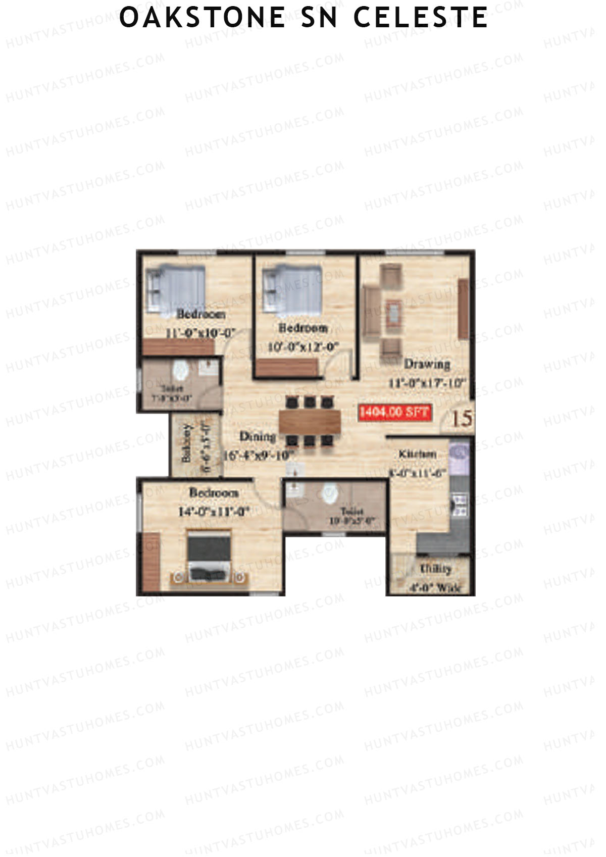 Oakstone Sn Celeste, Block B, Unit 15, 3BHK, Super Area 1404   sq ft 