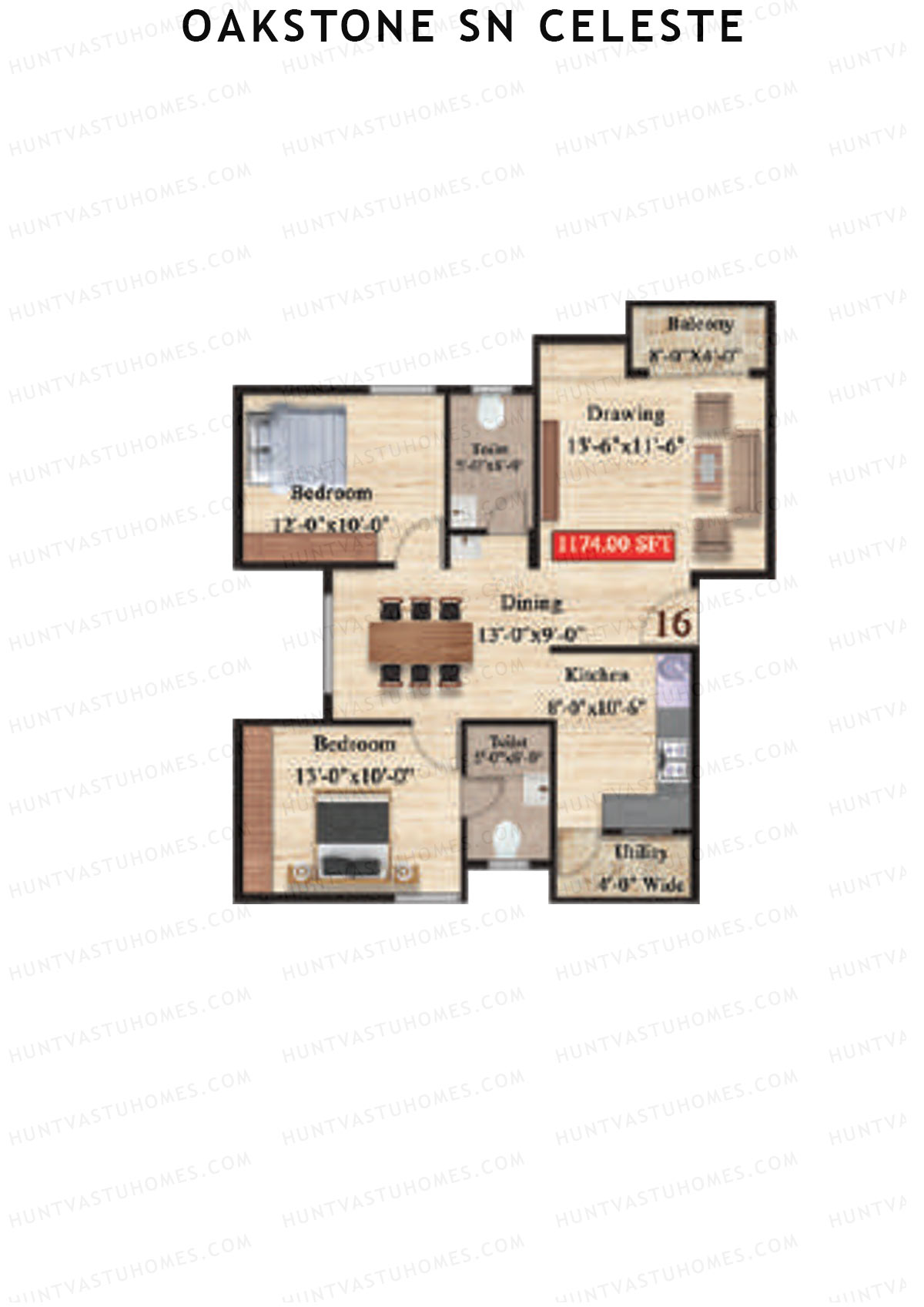 Oakstone Sn Celeste, Block B, Unit 16, 2BHK, Super Area 1174   sq ft 