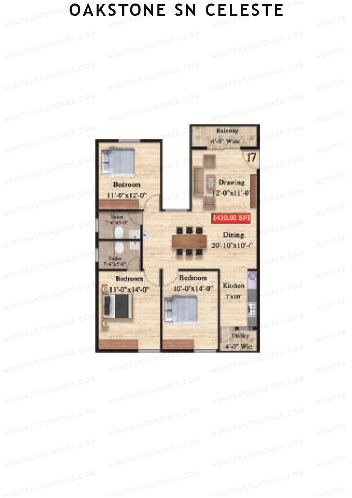 Oakstone Sn Celeste, Block B, Unit 17, 3BHK, Super Area 1430   sq ft 