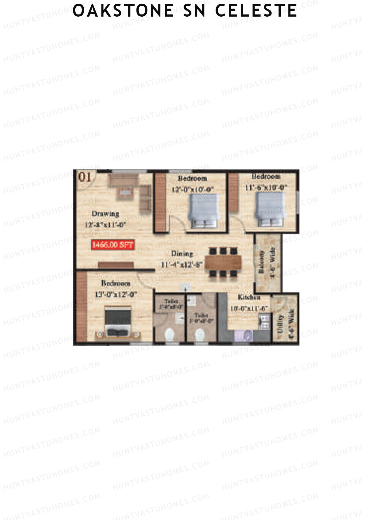Oakstone Sn Celeste, Block B, Unit 1, 3BHK, Super Area 1466   sq ft 