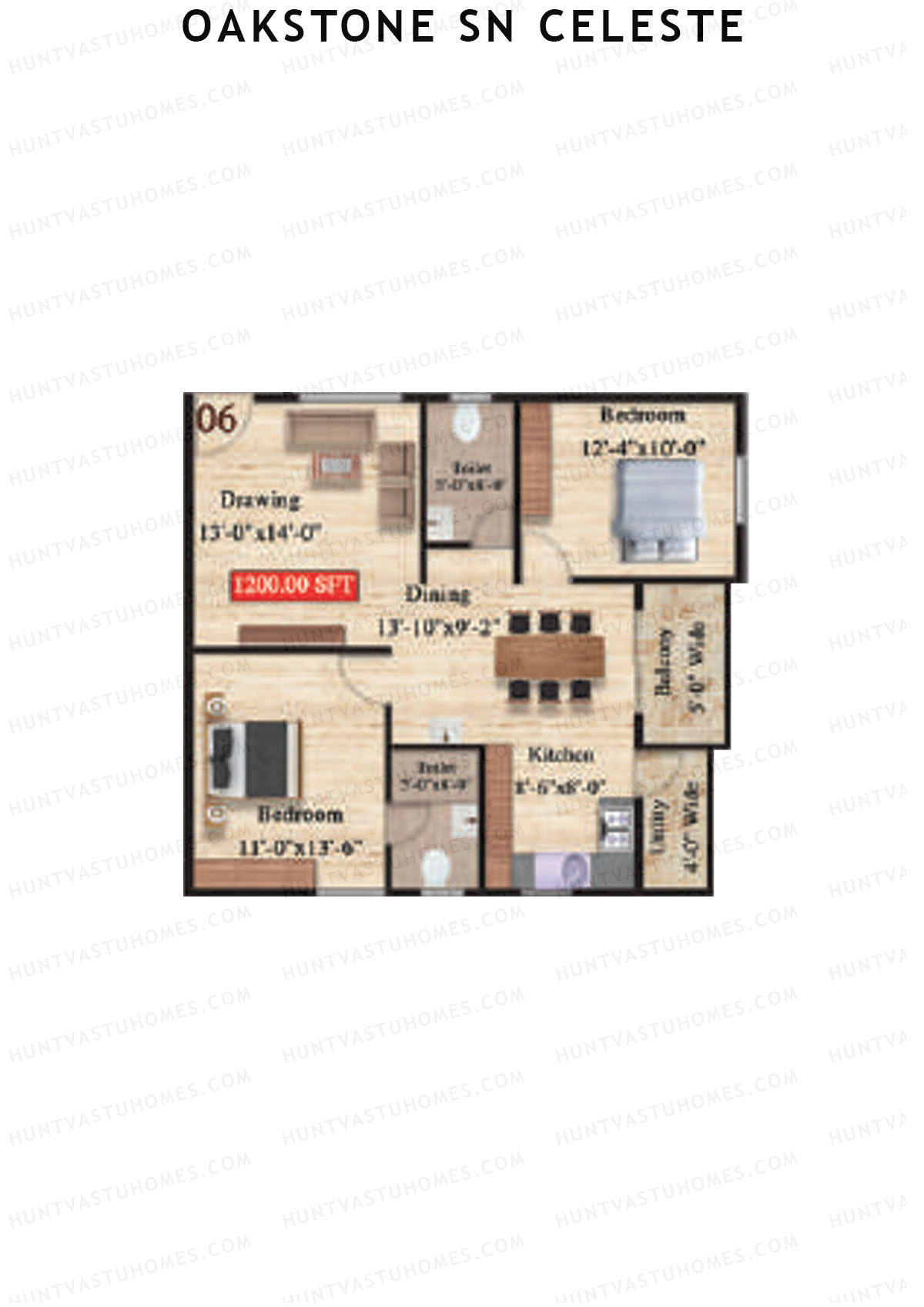 Oakstone Sn Celeste, Block B, Unit 6, 2BHK, Super Area 1200   sq ft 