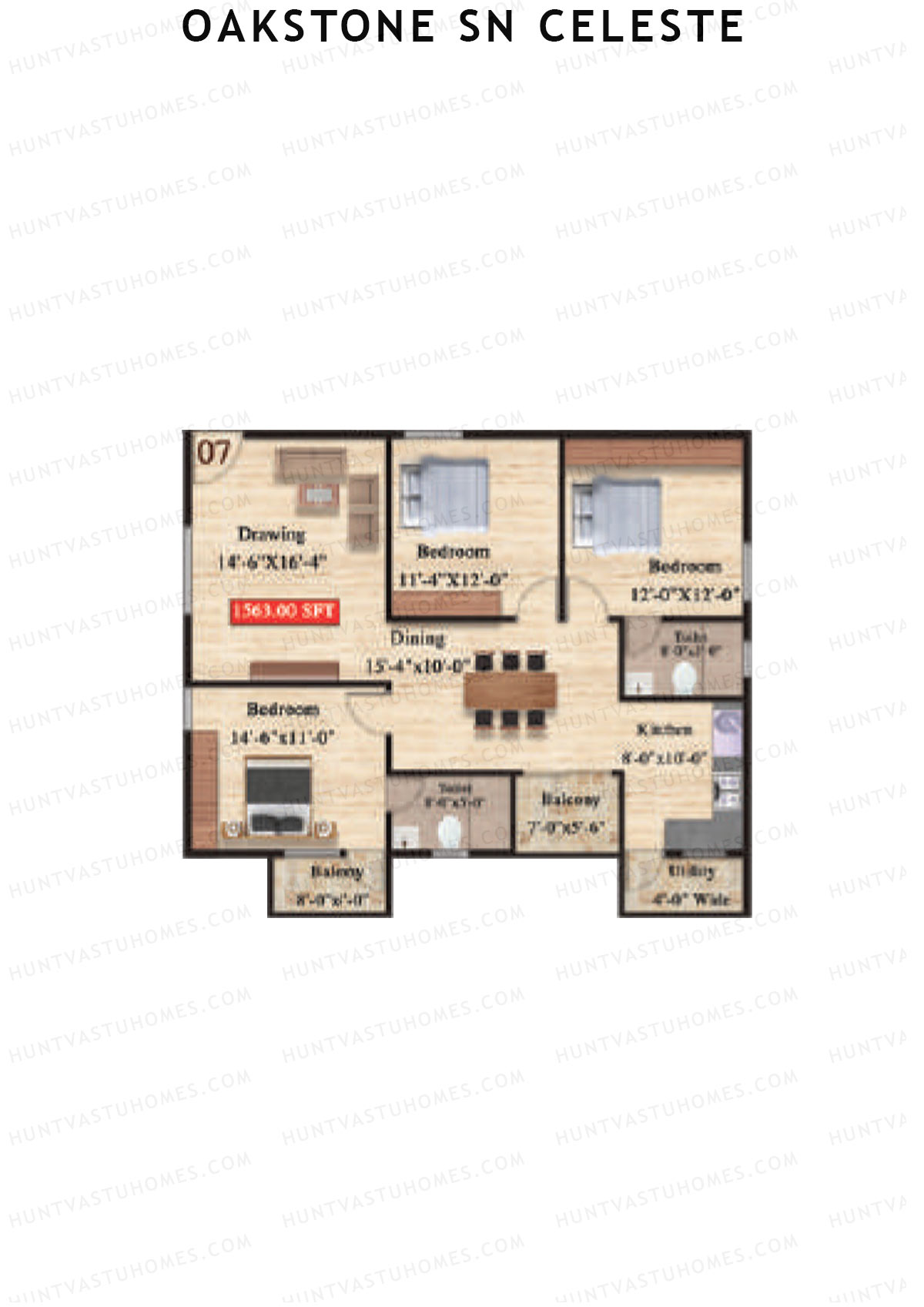 Oakstone Sn Celeste, Block B, Unit 7, 3BHK, Super Area 1563   sq ft 