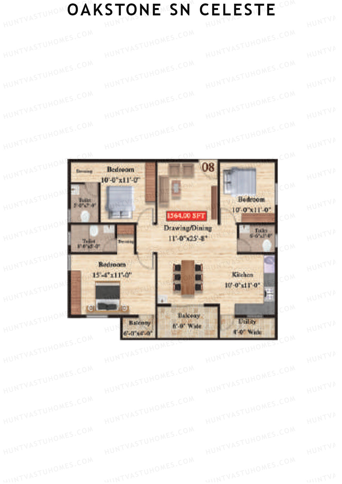 Oakstone Sn Celeste, Block B, Unit 8, 3BHK, Super Area 1564   sq ft 