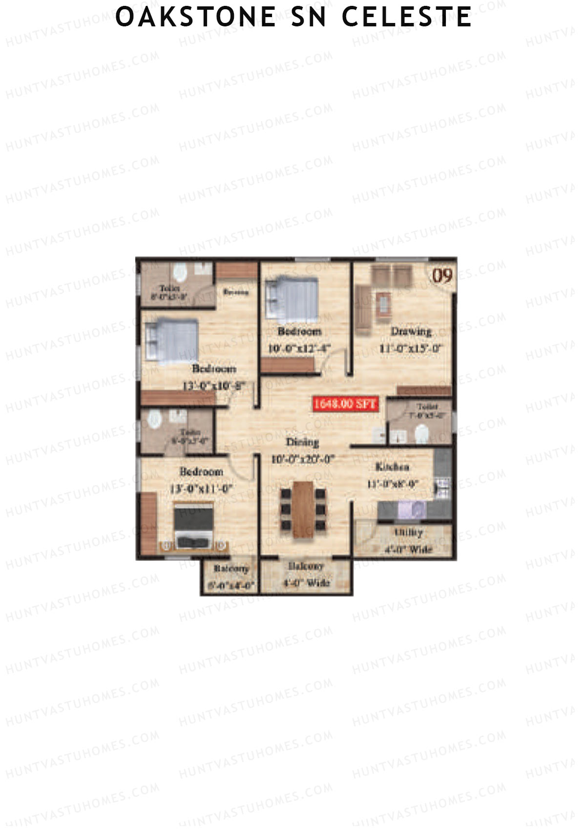 Oakstone Sn Celeste, Block B, Unit 9, 3BHK, Super Area 1648   sq ft 