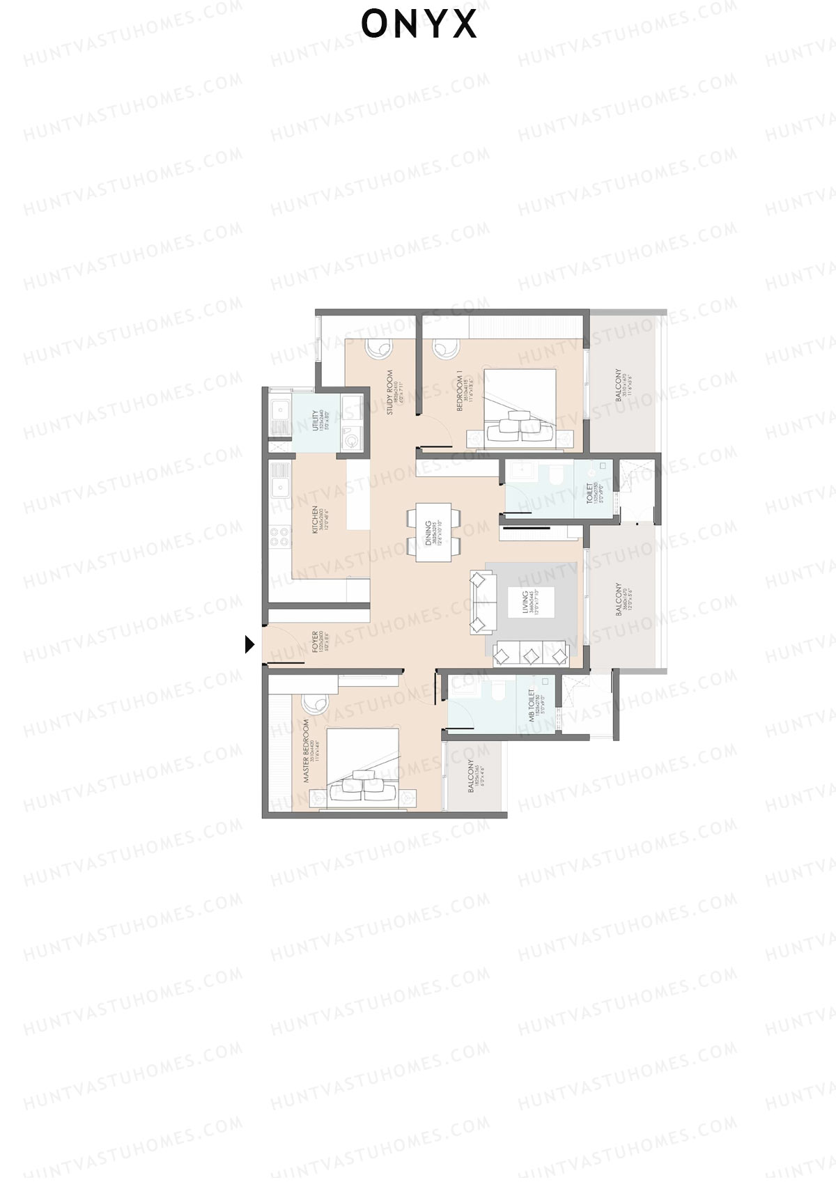 Onyx, Tower 1, Unit 2 (Type 1), 2BHK, Super Area 1634   sq ft 