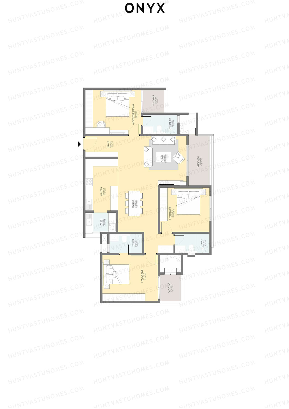 Onyx, Tower 2, Unit 4 (Type 3), 3BHK, Super Area 2030   sq ft 
