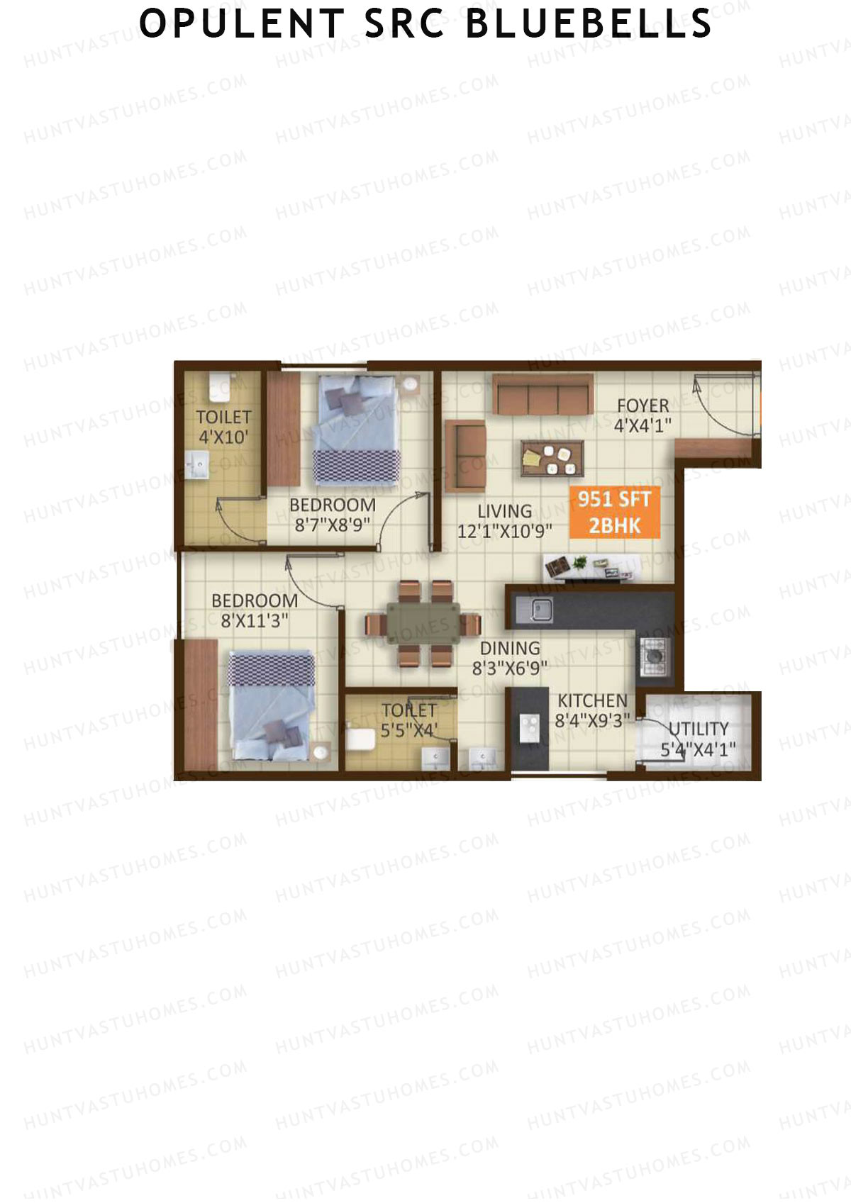 Opulent SRC Bluebells, Block A, Unit 1, 2BHK, Super Area 951   sq ft 