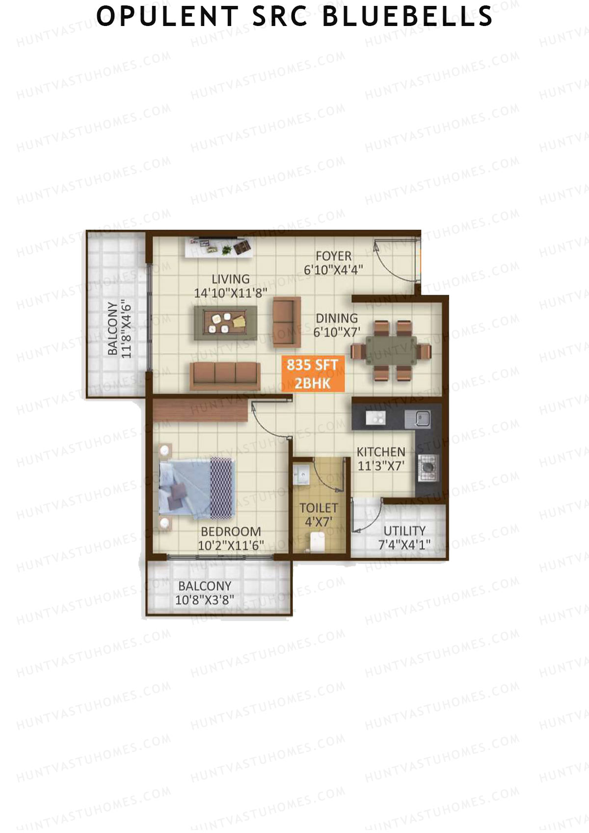 Opulent SRC Bluebells, Block A, Unit 6, 1BHK, Super Area 835   sq ft 