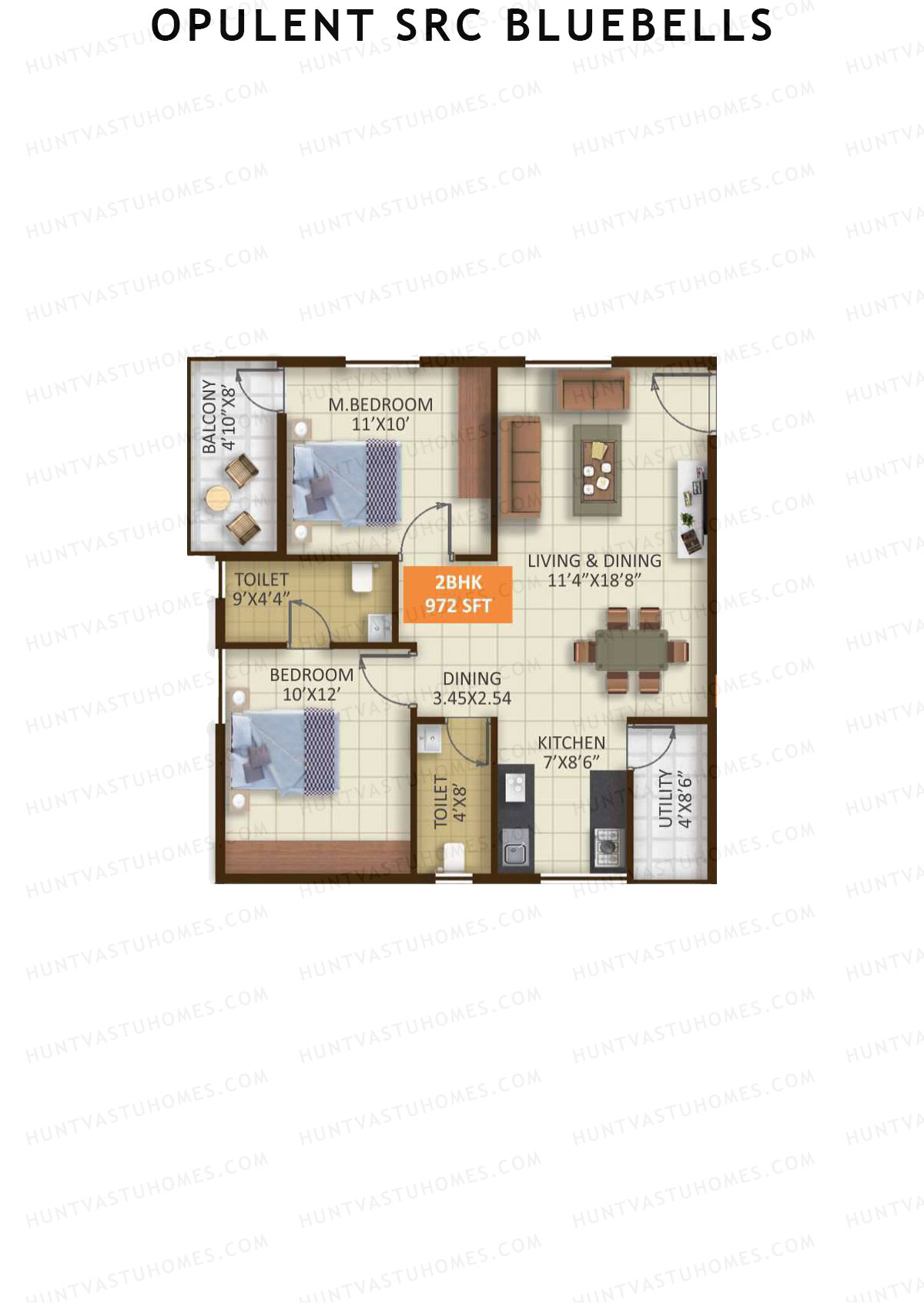 Opulent SRC Bluebells, Block B, Unit 17, 2BHK, Super Area 972   sq ft 