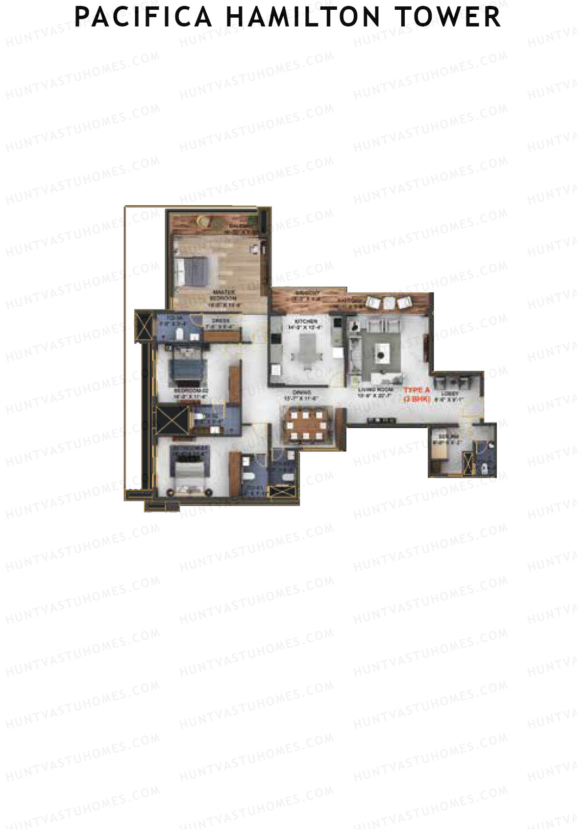 Pacifica Hamilton Tower, Tower 1, Unit 1 (Type A), 3BHK, Carpet Area 2059   sq ft 