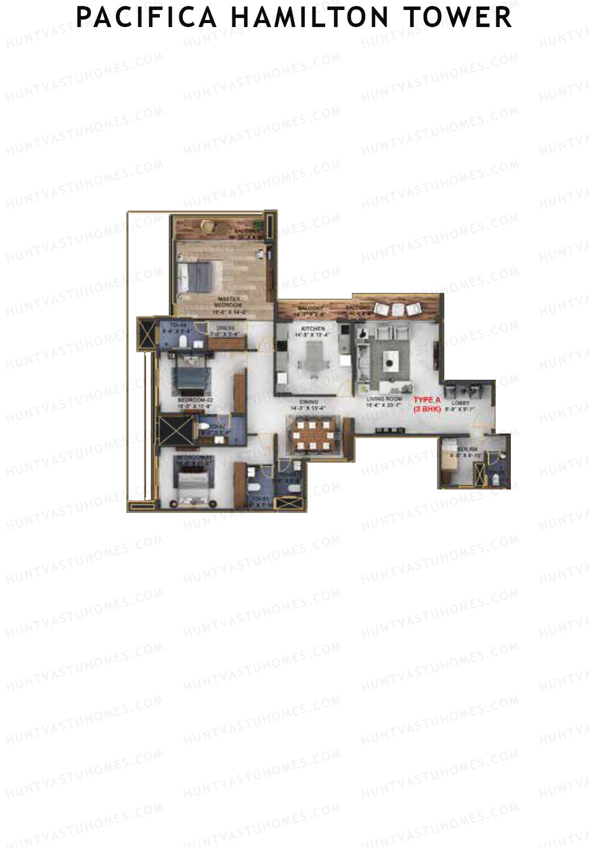 Pacifica Hamilton Tower, Tower 1, Unit 1 (Type A), 3BHK, Carpet Area 2062   sq ft 
