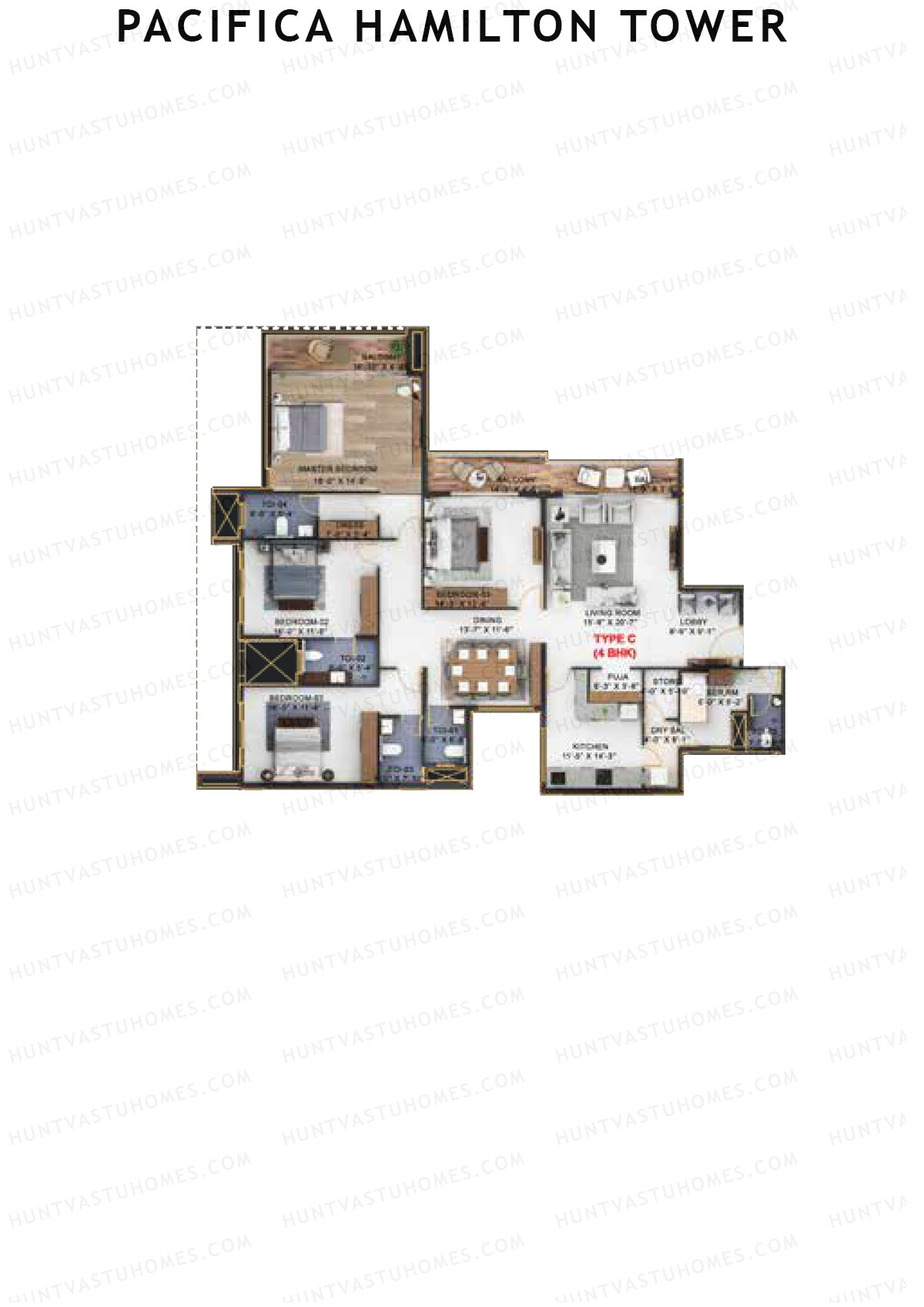 Pacifica Hamilton Tower, Tower 1, Unit 1 (Type C), 4BHK, Carpet Area 2037   sq ft 