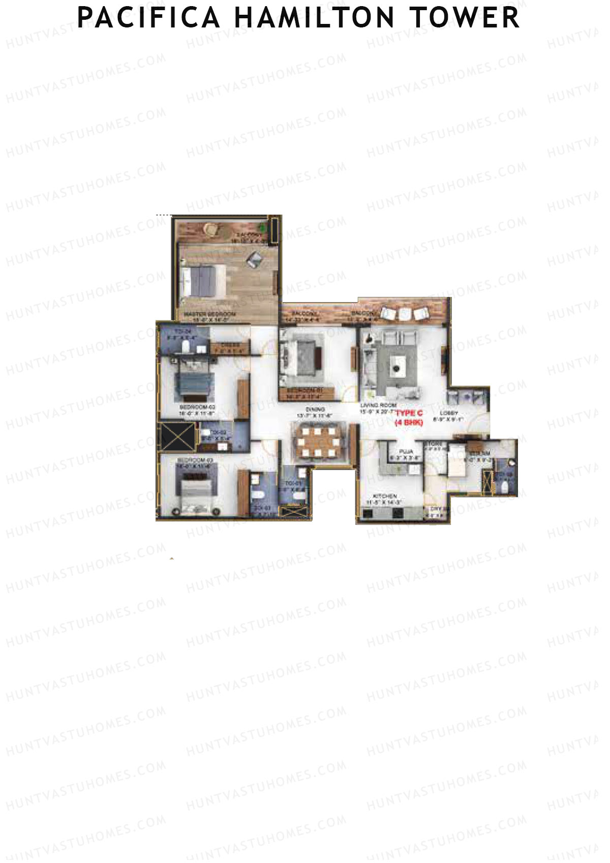 Pacifica Hamilton Tower, Tower 1, Unit 1 (Type C), 4BHK, Carpet Area 2037   sq ft 