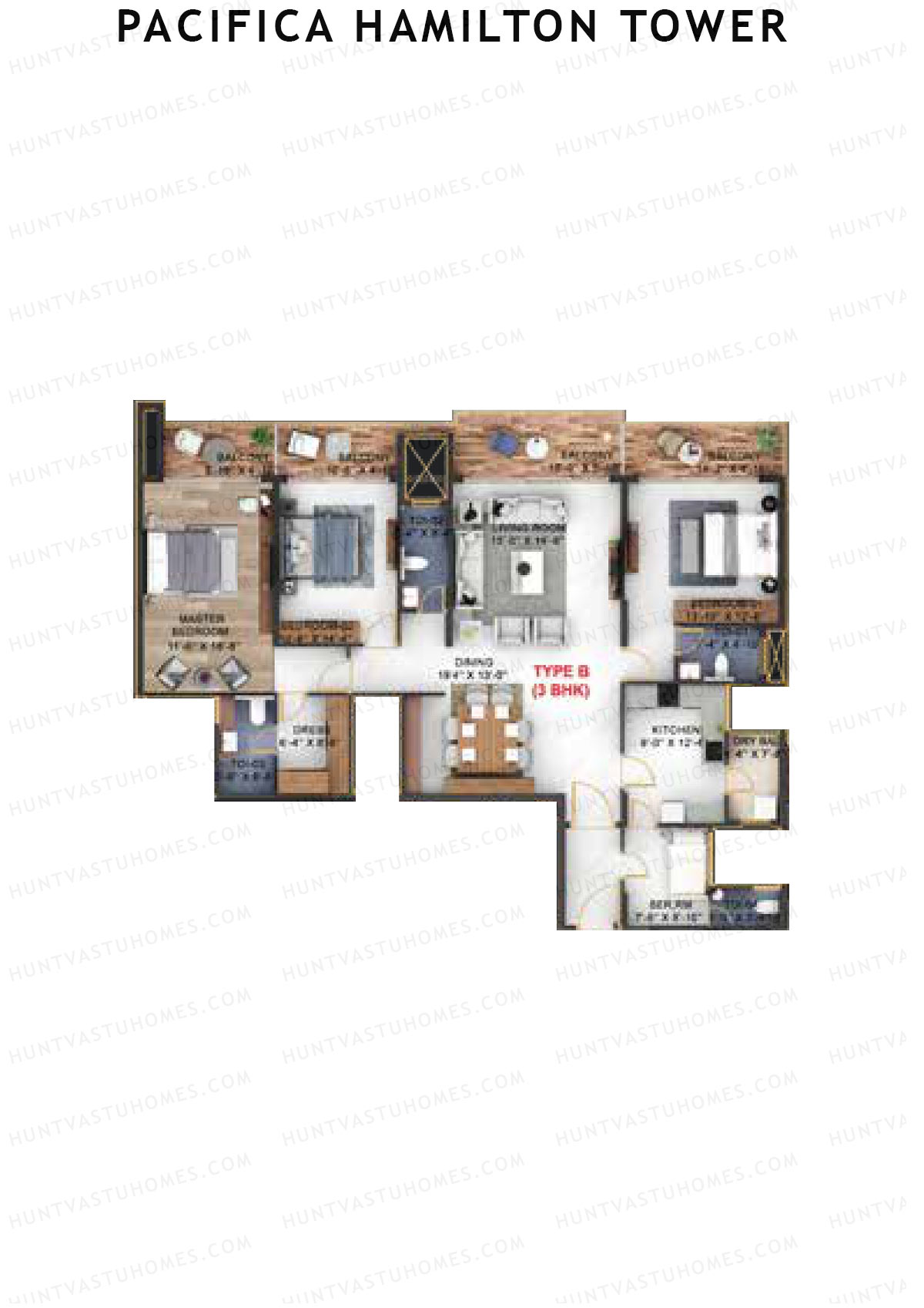 Pacifica Hamilton Tower, Tower 1, Unit 2 (Type B), 3BHK, Carpet Area 1564   sq ft 