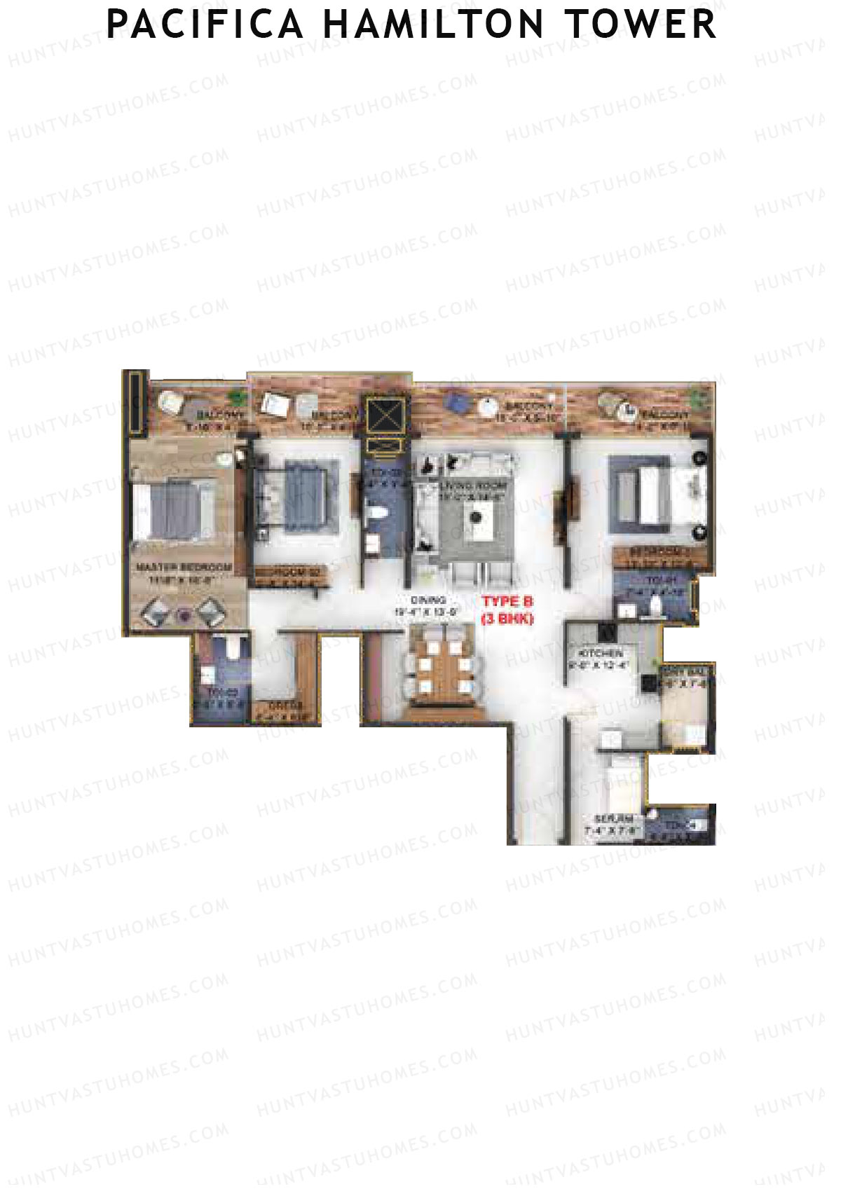 Pacifica Hamilton Tower, Tower 1, Unit 2 (Type B), 3BHK, Carpet Area 1565   sq ft 