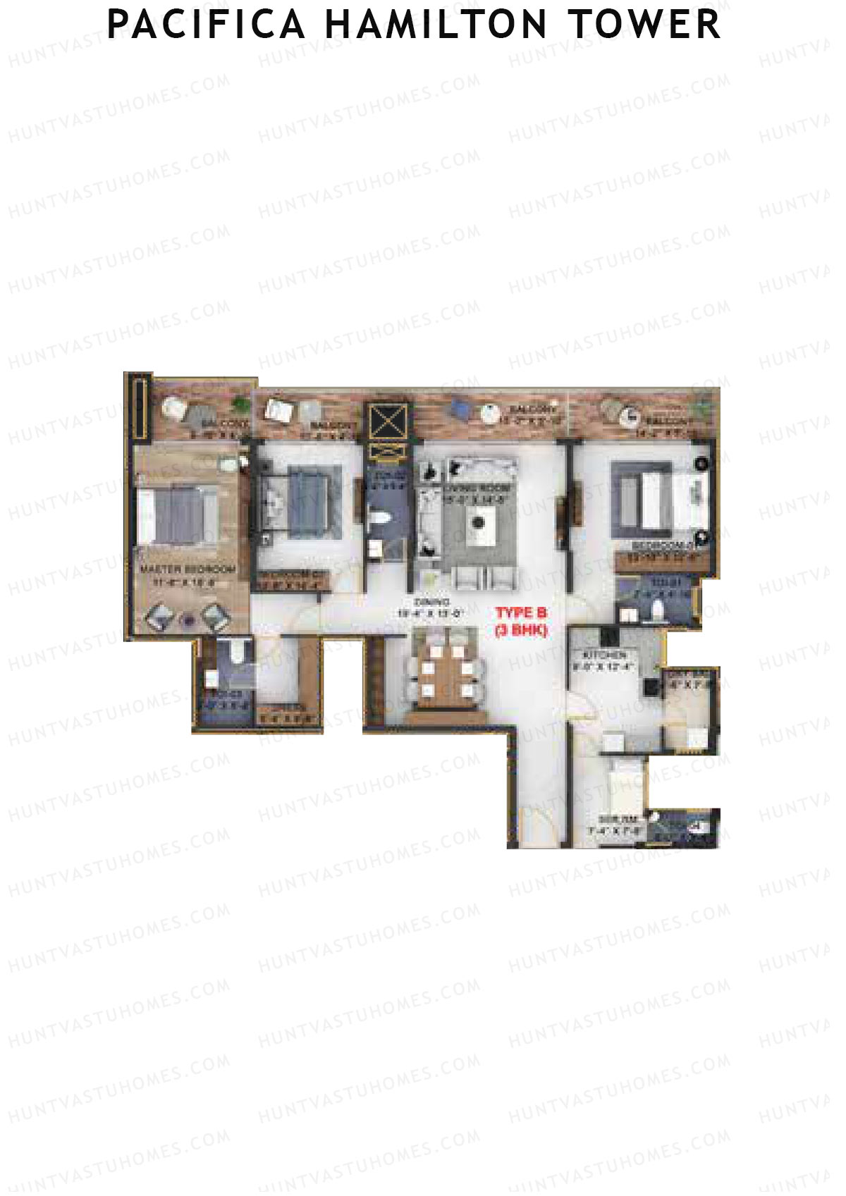 Pacifica Hamilton Tower, Tower 1, Unit 2 (Type B), 3BHK, Carpet Area 1565   sq ft 
