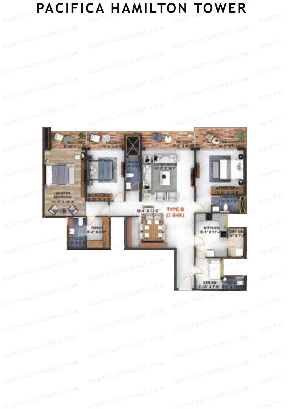 Pacifica Hamilton Tower, Tower 1, Unit 2 (Type B), 3BHK, Carpet Area 1564   sq ft 