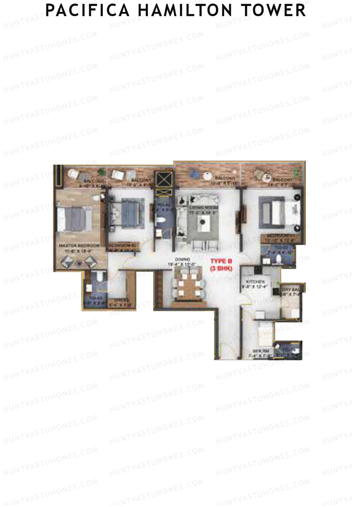 Pacifica Hamilton Tower, Tower 1, Unit 2 (Type B), 3BHK, Carpet Area 1565   sq ft 