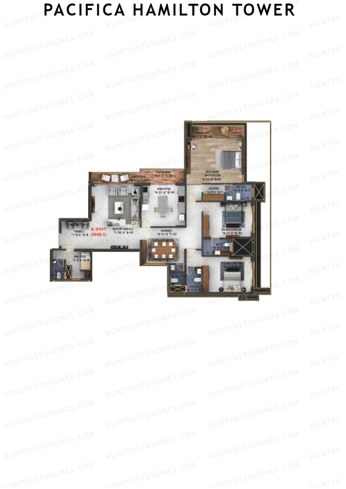 Pacifica Hamilton Tower, Tower 1, Unit 3 (Type A1), 3BHK, Carpet Area 2070   sq ft 