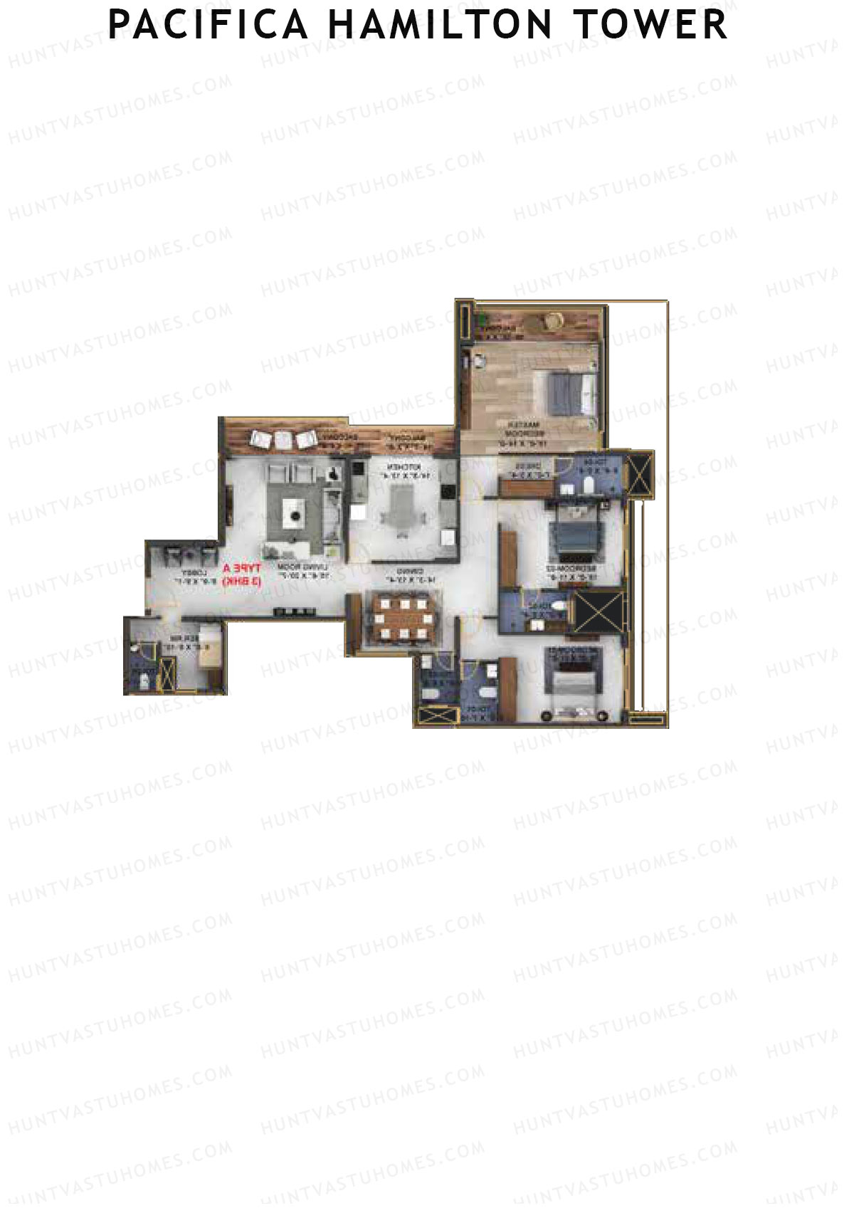 Pacifica Hamilton Tower, Tower 1, Unit 3 (Type A1), 3BHK, Carpet Area 2072   sq ft 