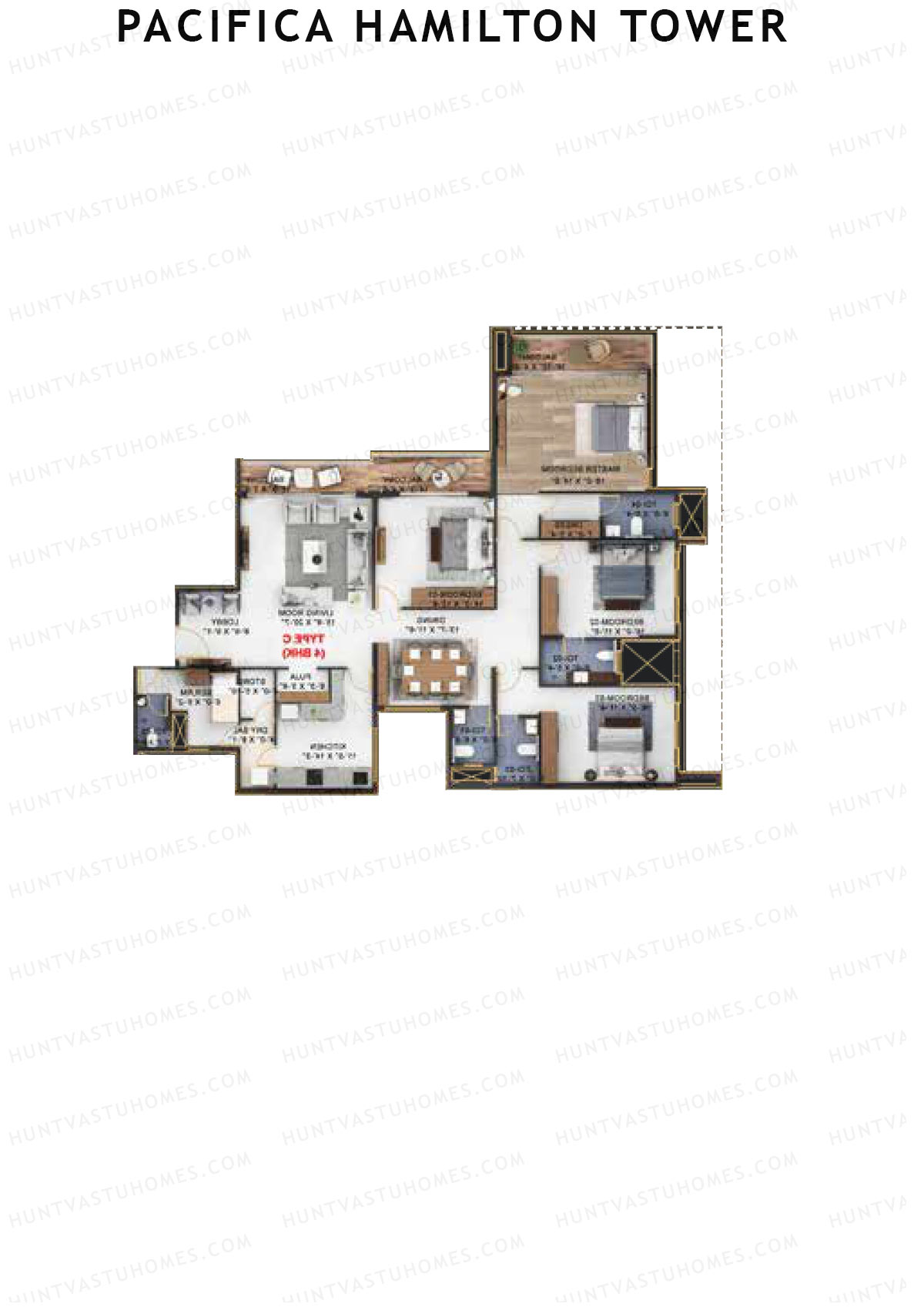 Pacifica Hamilton Tower, Tower 1, Unit 3 (Type C1), 4BHK, Carpet Area 2037   sq ft 
