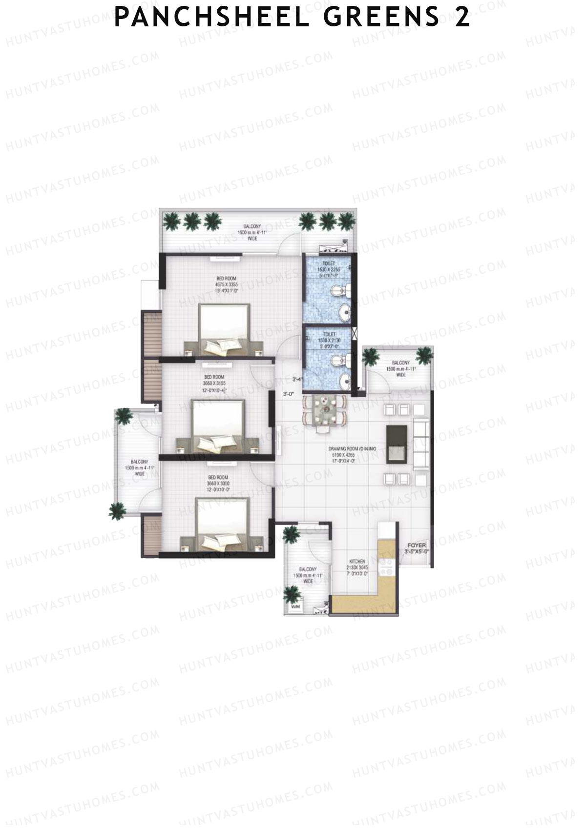 Panchsheel Greens 2 Tower D4 Unit 3 (Type HIG2) Floor Plan