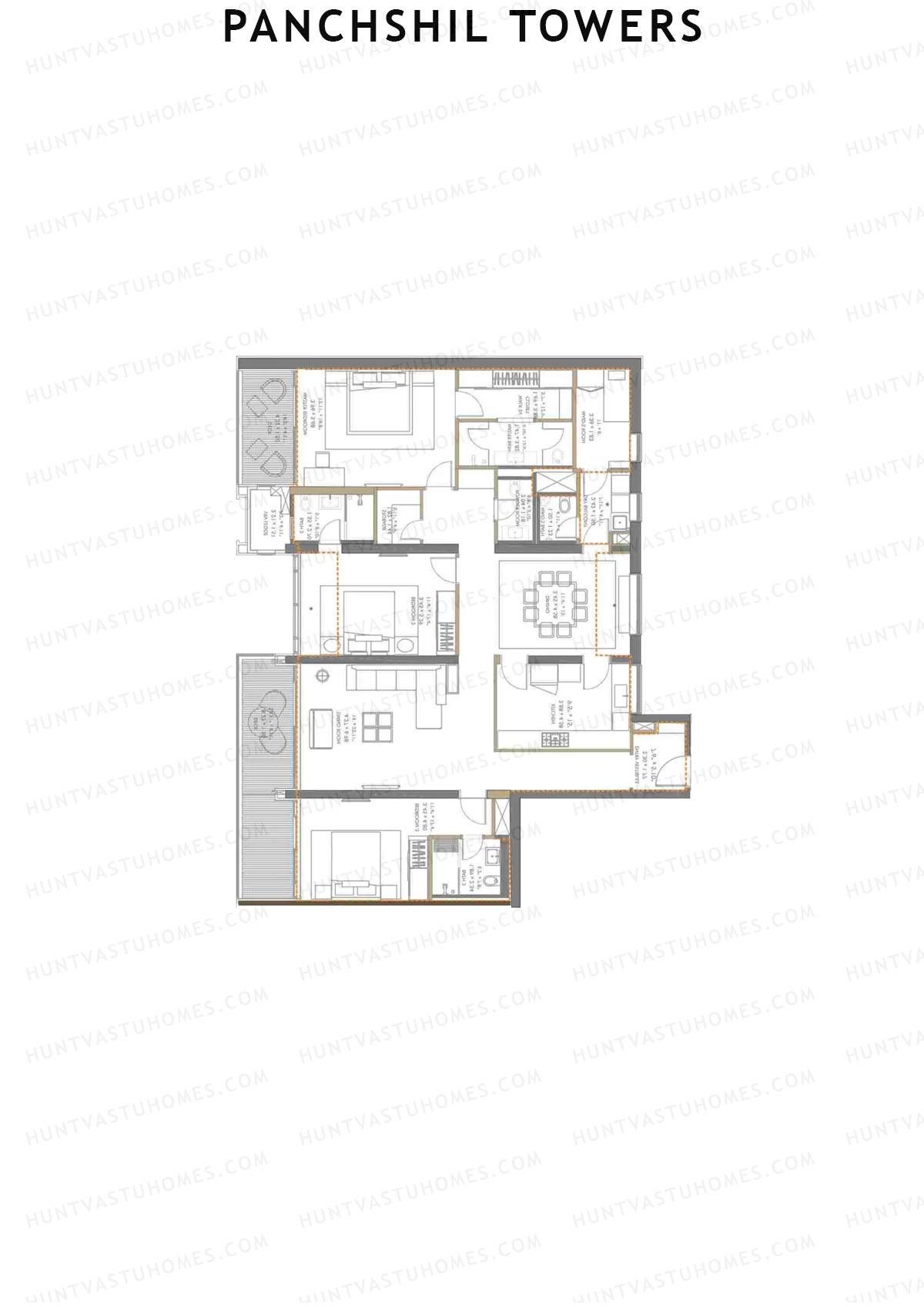 Panchshil Towers, Tower A, Unit 2, 3BHK, Carpet Area 1915   sq ft 