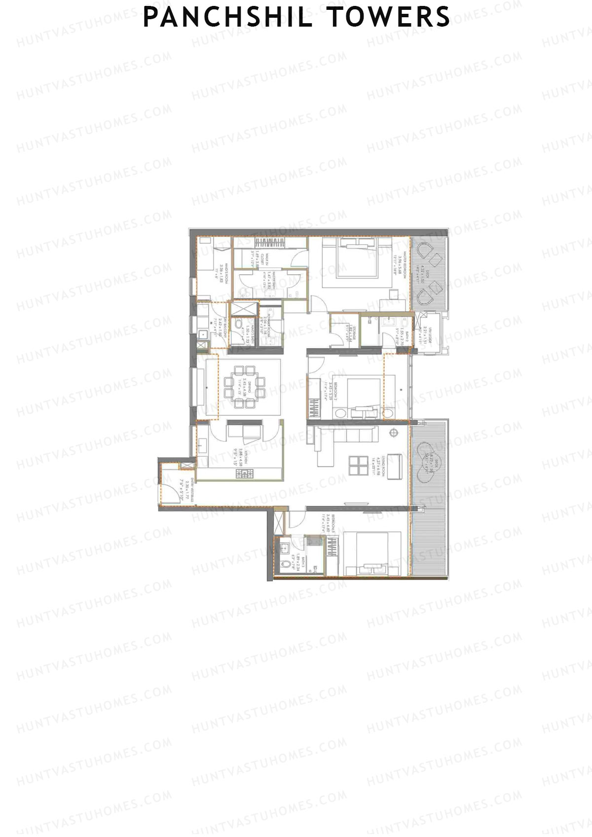 Panchshil Towers, Tower A, Unit 3, 3BHK, Carpet Area 1915   sq ft 