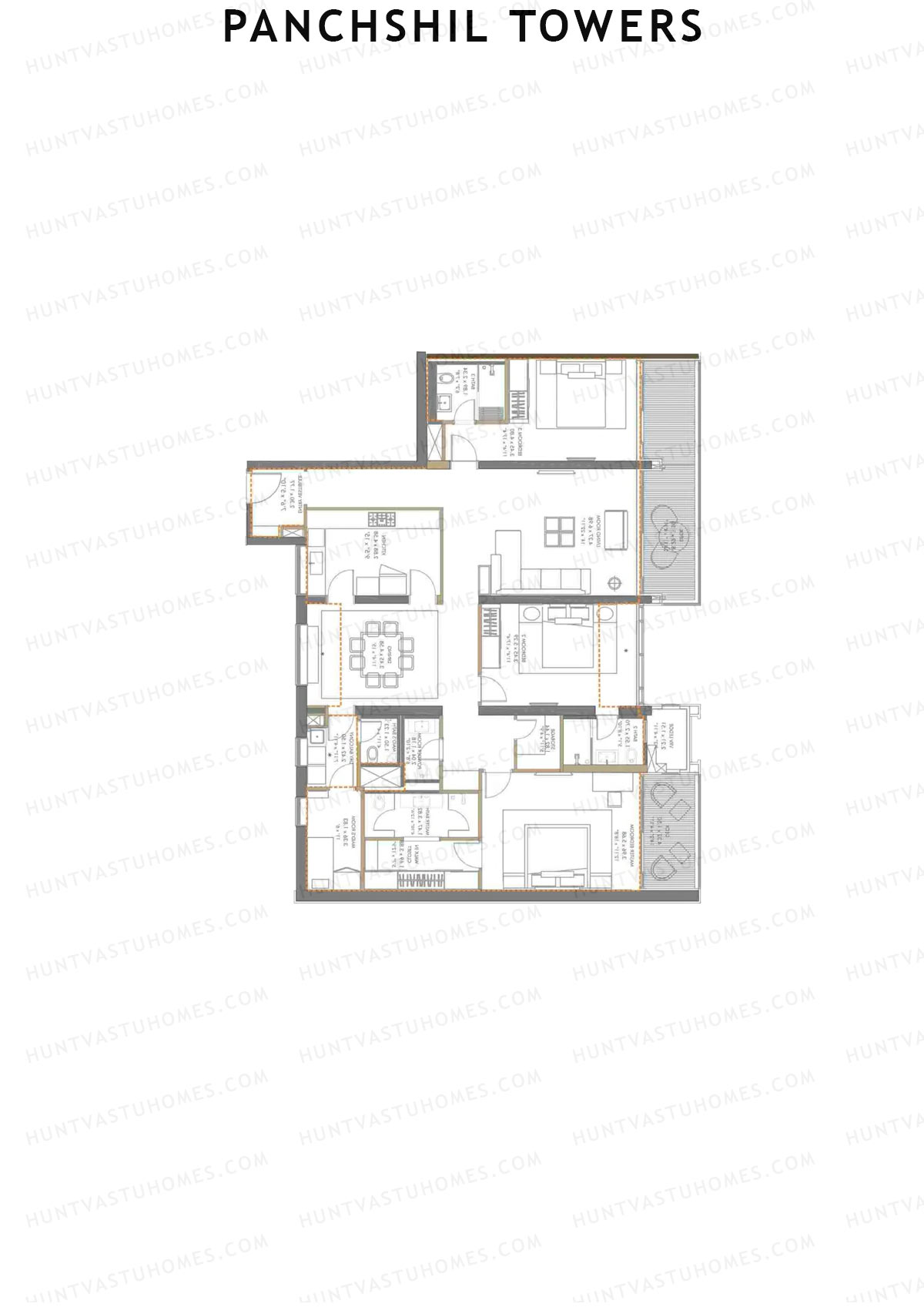 Panchshil Towers, Tower A, Unit 4, 3BHK, Carpet Area 1915   sq ft 