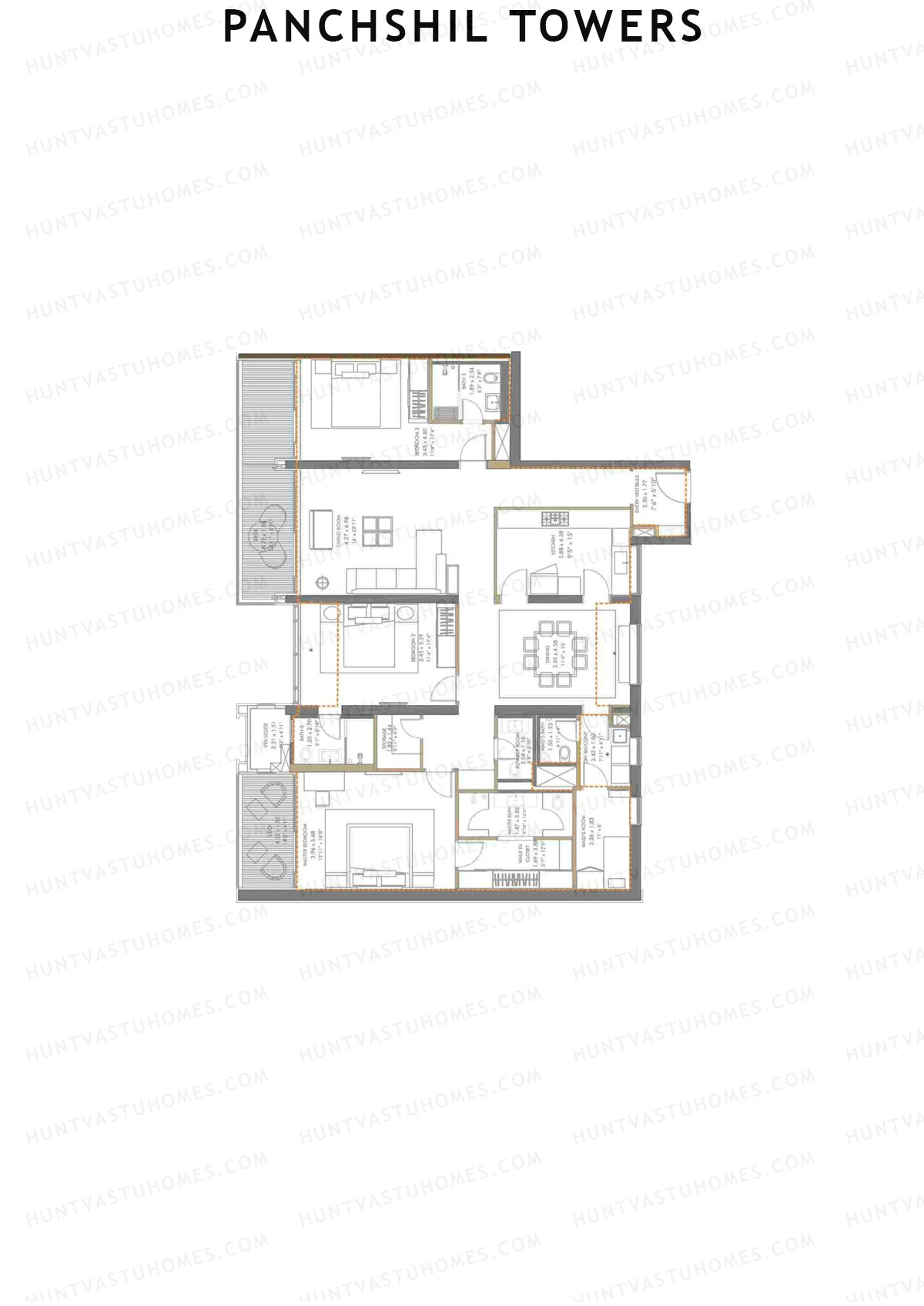 Panchshil Towers, Tower B, Unit 1, 3BHK, Carpet Area 1915   sq ft 